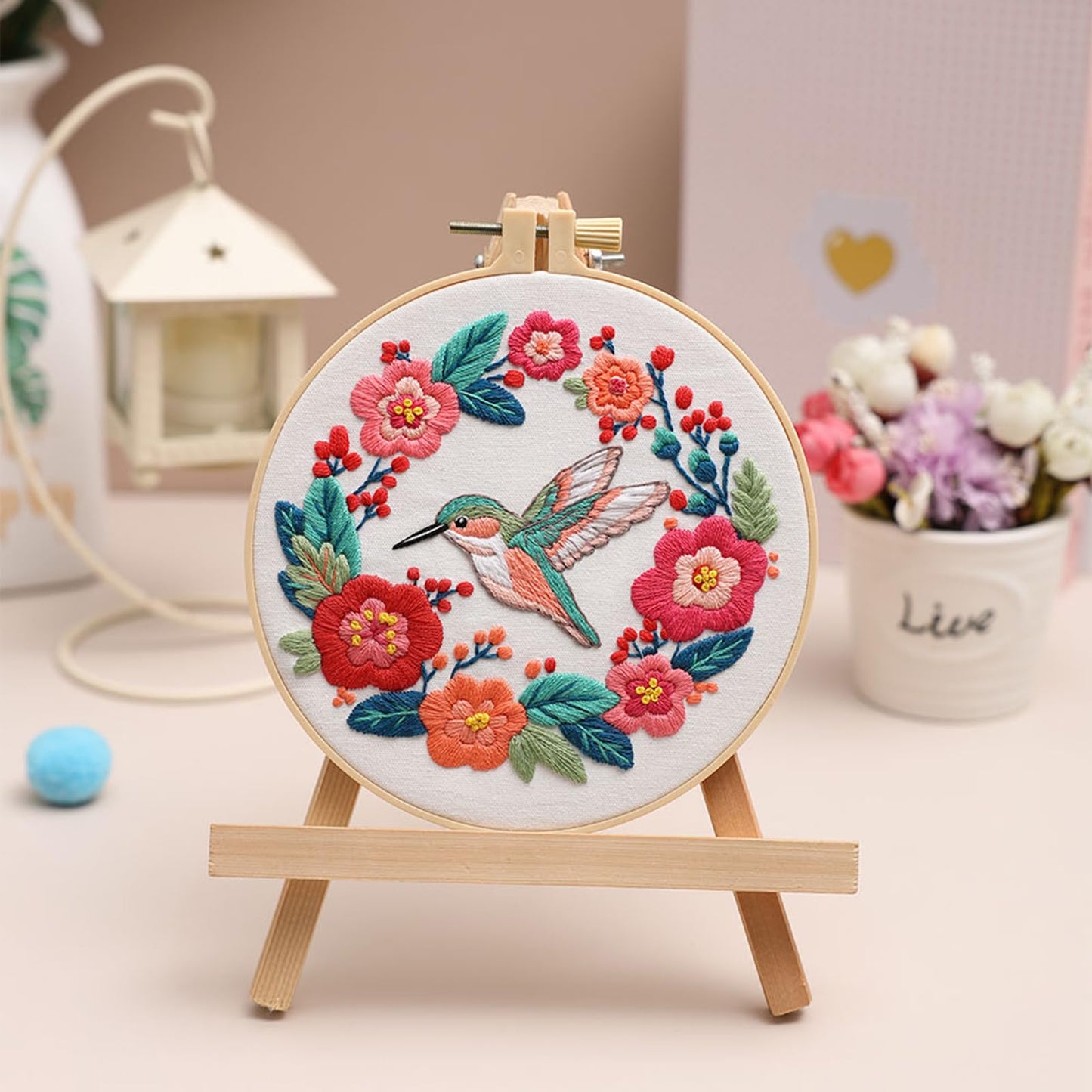 Hummingbird Embroidery Kits for Beginners,Cross Stitch Kit for Adults,DIY Needlepoint with Flowers Pattern