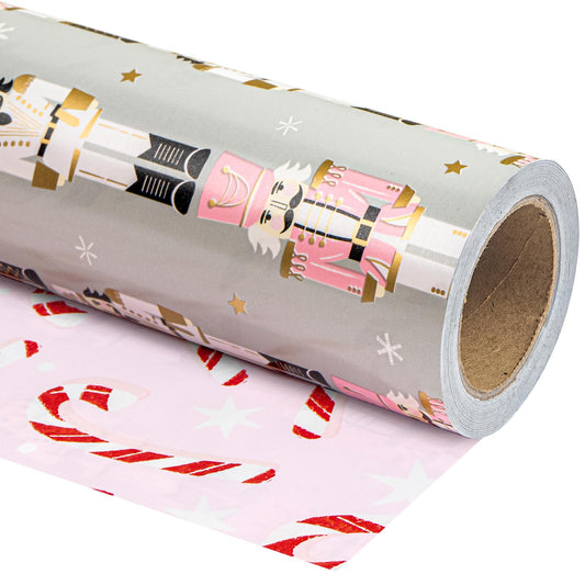 30 Inch Jumbo Reversible Nutcracker Christmas Wrapping Paper - 30 Inch x 33 Feet - Nutcracker and Candy Cane Design Printed on Pearlized Paper for Chrsitmas, Holiday, Party Celebration