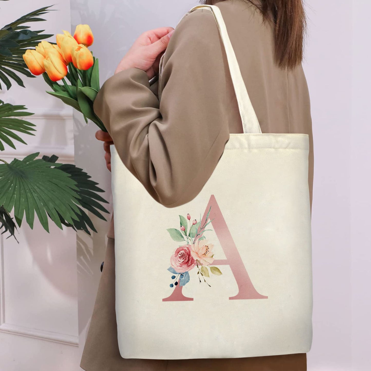 Binggemen Initial Canvas Tote Bag with Zipper Pockets,Personalized Totes for Women Bridesmaids Teacher,Cosmetic Makeup Bag,Monogrammed Gifts for Wedding Birthday (Letter A)