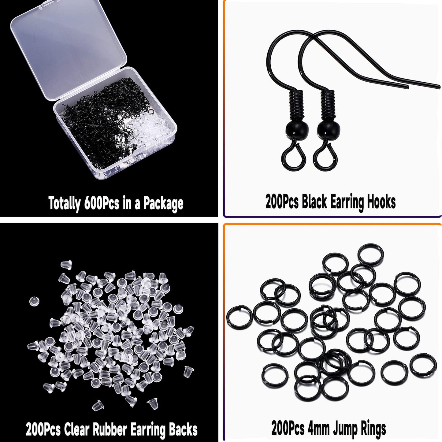 600Pcs Hypoallergenic Black Earring Hooks, Making Kit With Backs and Jump Rings for Jewelry Making Supplies (Black)