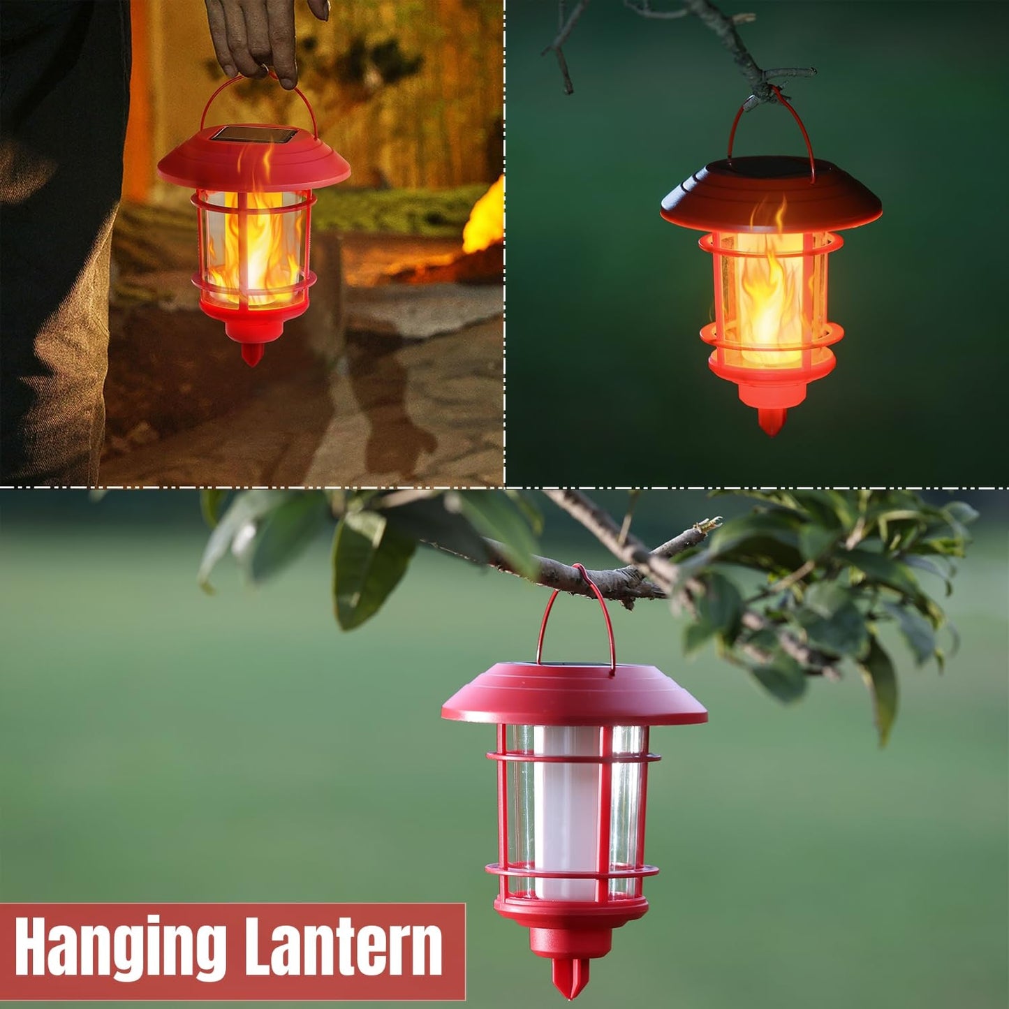 Dynaming 6 Pack Christmas Solar Flame Garden Lights Outdoor, Dual Use Flickering Flame Torch Candy Cane Pathway Marker, Xmas Hanging Lantern Lights, Waterproof & Auto On/Off for Patio Walkway Driveway
