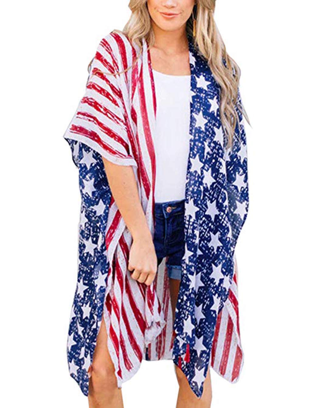 Askwind 4th of July Women's American Flag Print Kimono Cover Up Tops Shirt (A2)