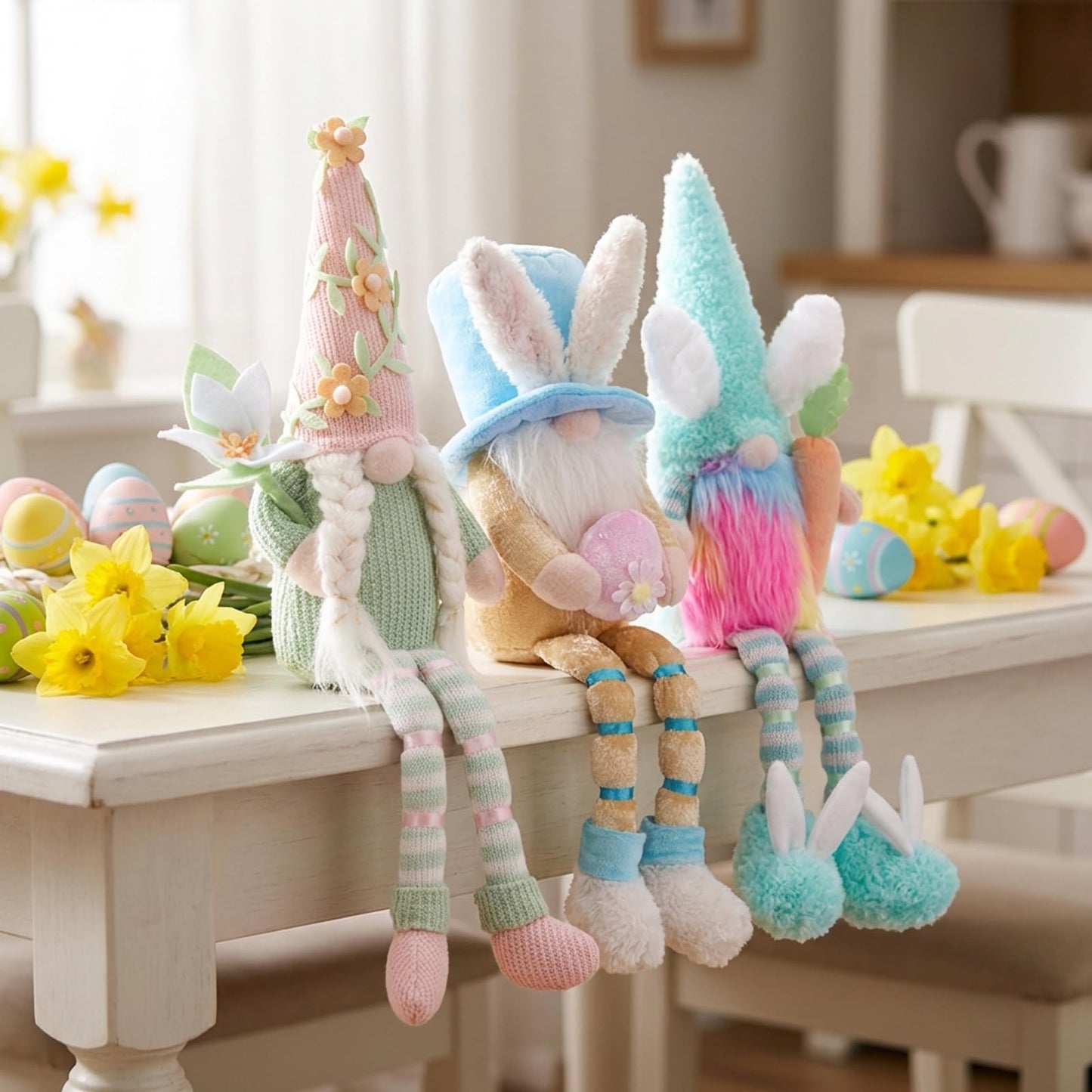 Easter Gnomes Plush Decorations - 3PCS Long Dangle Leg Bunny Gnomes Handmade Hold Egg Lily Flower Carrot, Rabbit Elf Dolls for Easter Day Home Table Ornament, Tiered Tray Decor