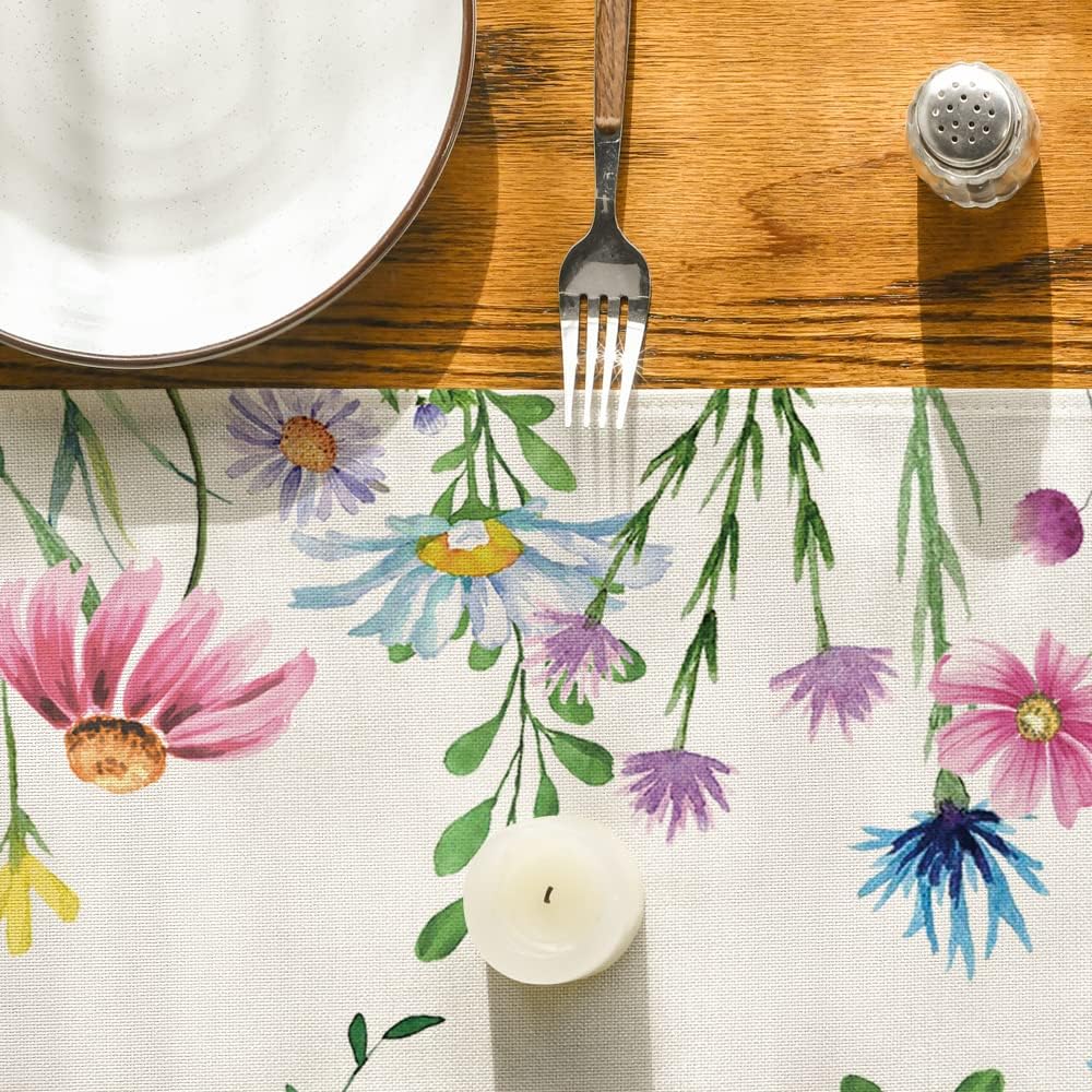 Daisy Eucalyptus Lavender Floral Leaves Summer Table Runner, Spring Kitchen Dining Table Decoration for Home Party Decor 13x36 Inch