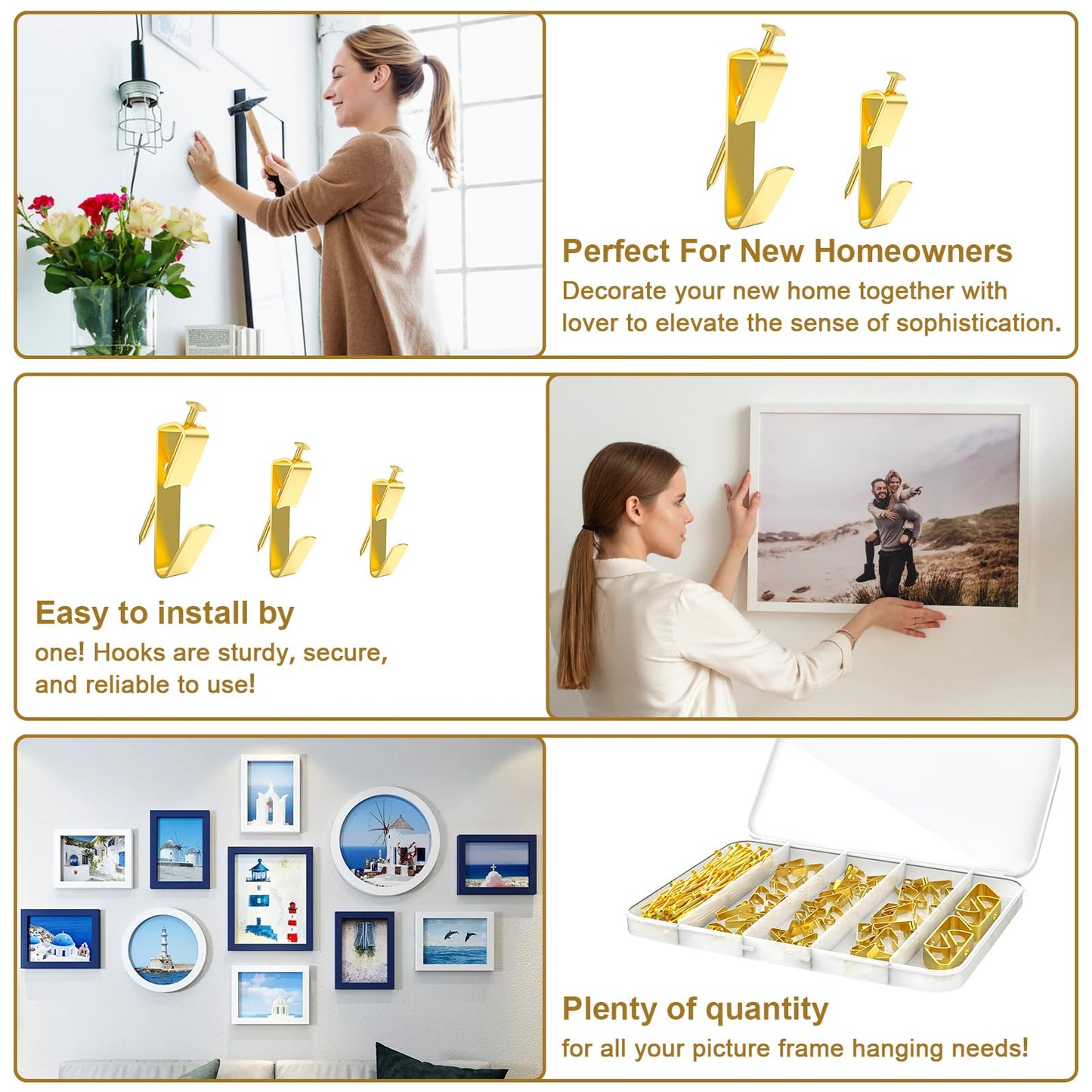 202 PCS Frame Hanger Kit, 10lb, 20lb, 30lb, 50lb&100lb Picture Hanging Hardware Kit, Picture Hanging Tool, Pcture Hangers,Picture Frame Hanging Kit, Picture Hooks for Pictures, Canvas, Mirror (Gold1)