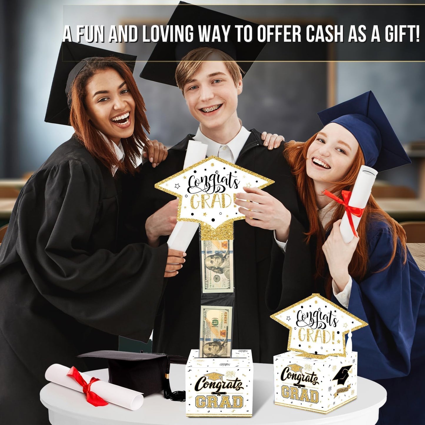 VABAMNA Class of 2026 Graduation Money Box for Cash Gift Pull, Funny Surprise DIY Cash Gift Idea Kit Graduation Money Holder for School Congrats Grad Party Favors, White Gold