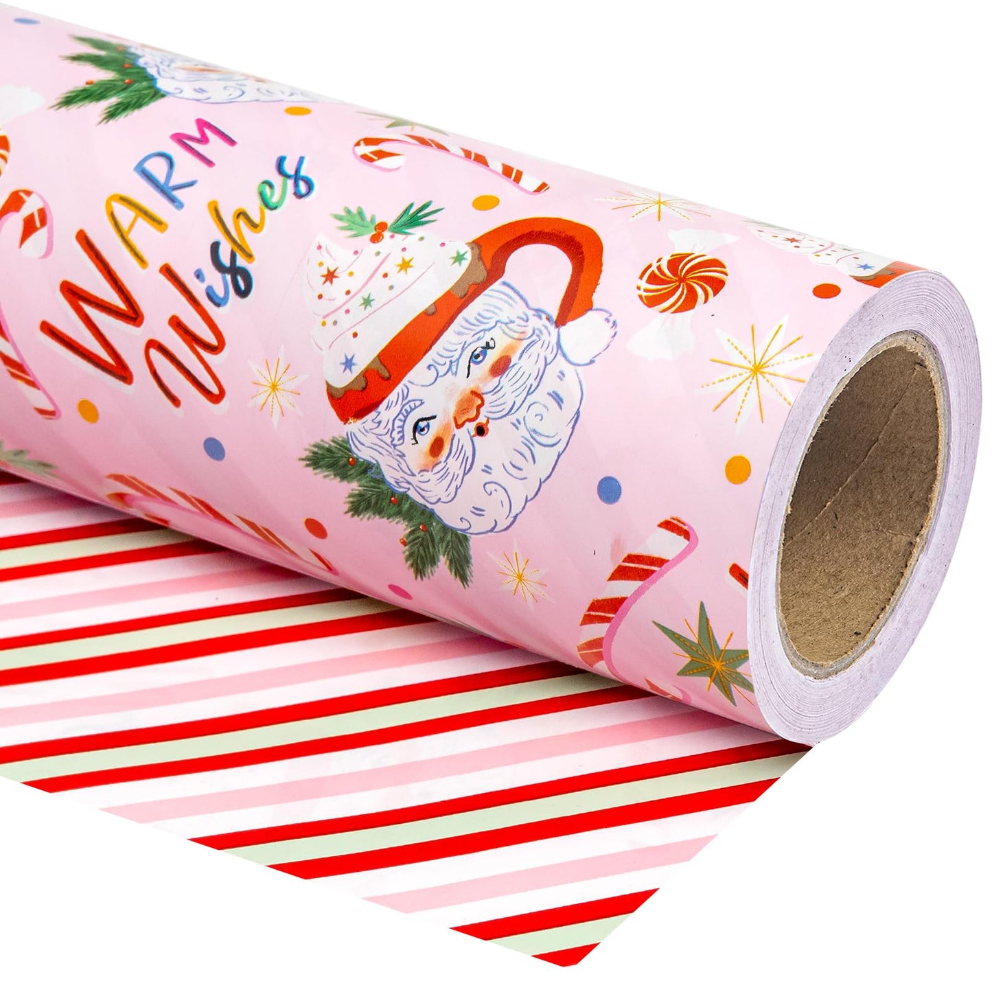 30 Inch Jumbo Reversible Christmas Wrapping Paper - 30 Inch x 33 Feet - Santa Claus Cup and Stripe Wrapping Paper for Chrsitmas, Holiday, Party Celebration