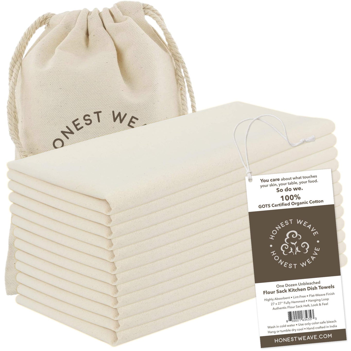 Organic Flour Sack Cotton Kitchen Hand and Dish Towel Sets - Extra Large 27x27 inches, Fully Hemmed, 12-Pack, Natural Tan
