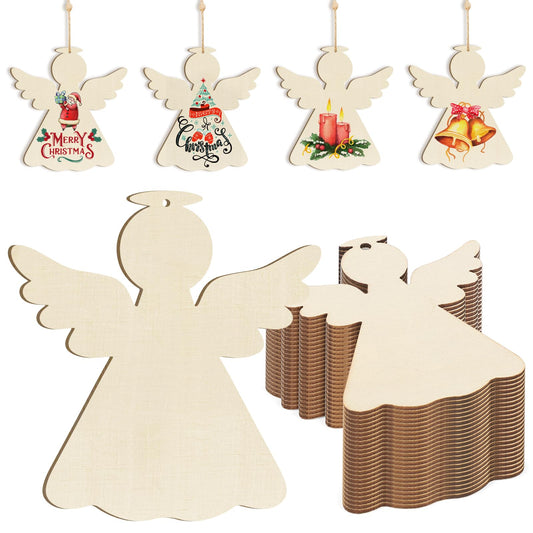 Wooden Christmas Ornaments to Paint - Angel Decoration Cutouts, Unfinished 24PCS, 3.5 x 3 inches, DIY Blank Unfinished Christmas Tree Wood Discs Ornament for Home Crafts Hanging