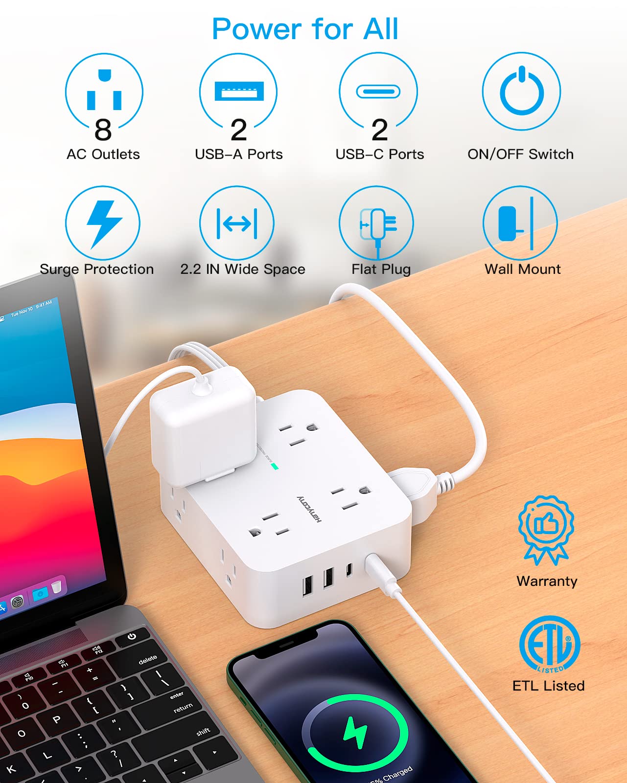 Extension Cord 15 Ft, Power Strip with 4 USB Ports(2 USB C), HANYCONY 8 Surge Protector Outlets with Flat Plug, Wall Mount, Desk for Home Office College Dorm Room Essentials