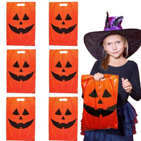 GiftExpress 50‑Pack 11″ × 17″ Jack O  Lantern Trick or Treat Goody Bags – Durable Plastic Halloween Party Favor Bags