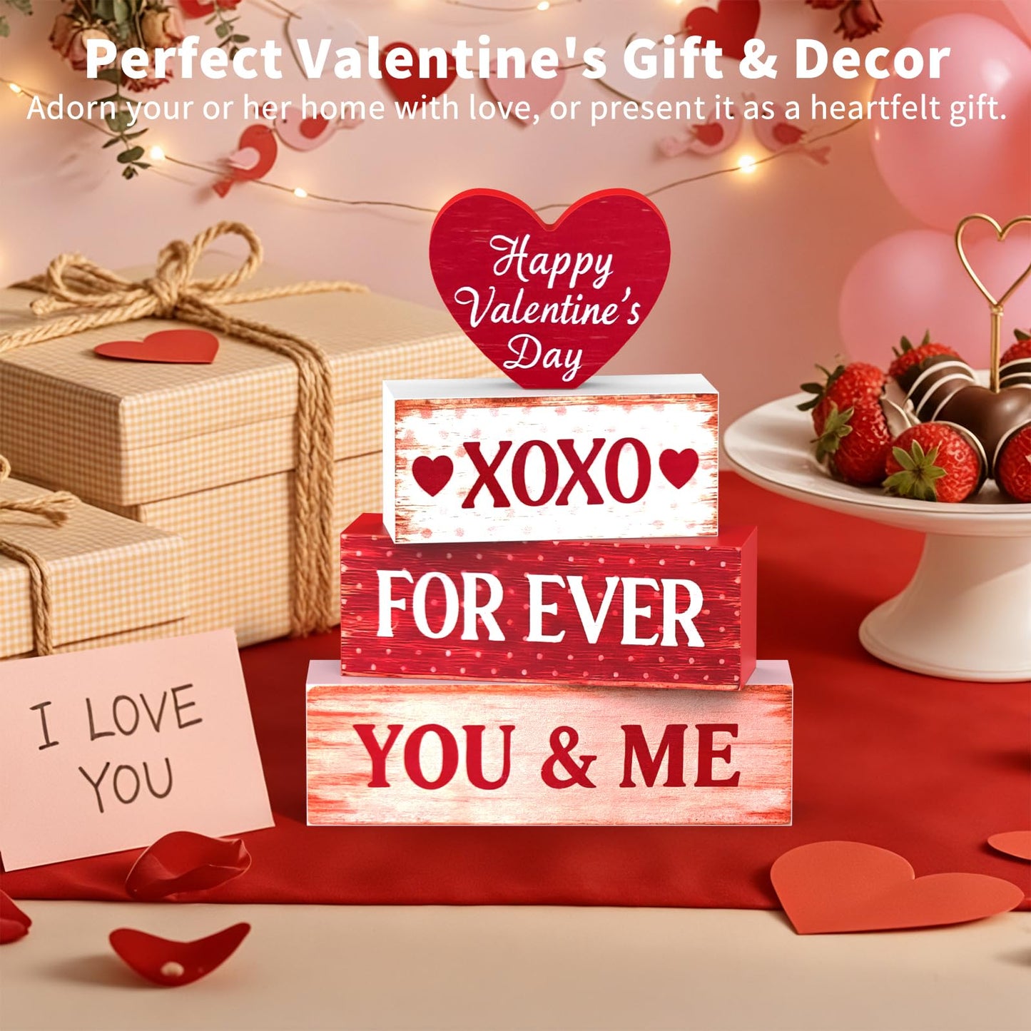Valentines Day Decorations - 4 Pack Wooden Block Heart Set Signs Valentines Day Table Decor - 7.8 Inch Valentine's Decorations for Home Office Bedroom Tiered Tray Fireplace Mantel