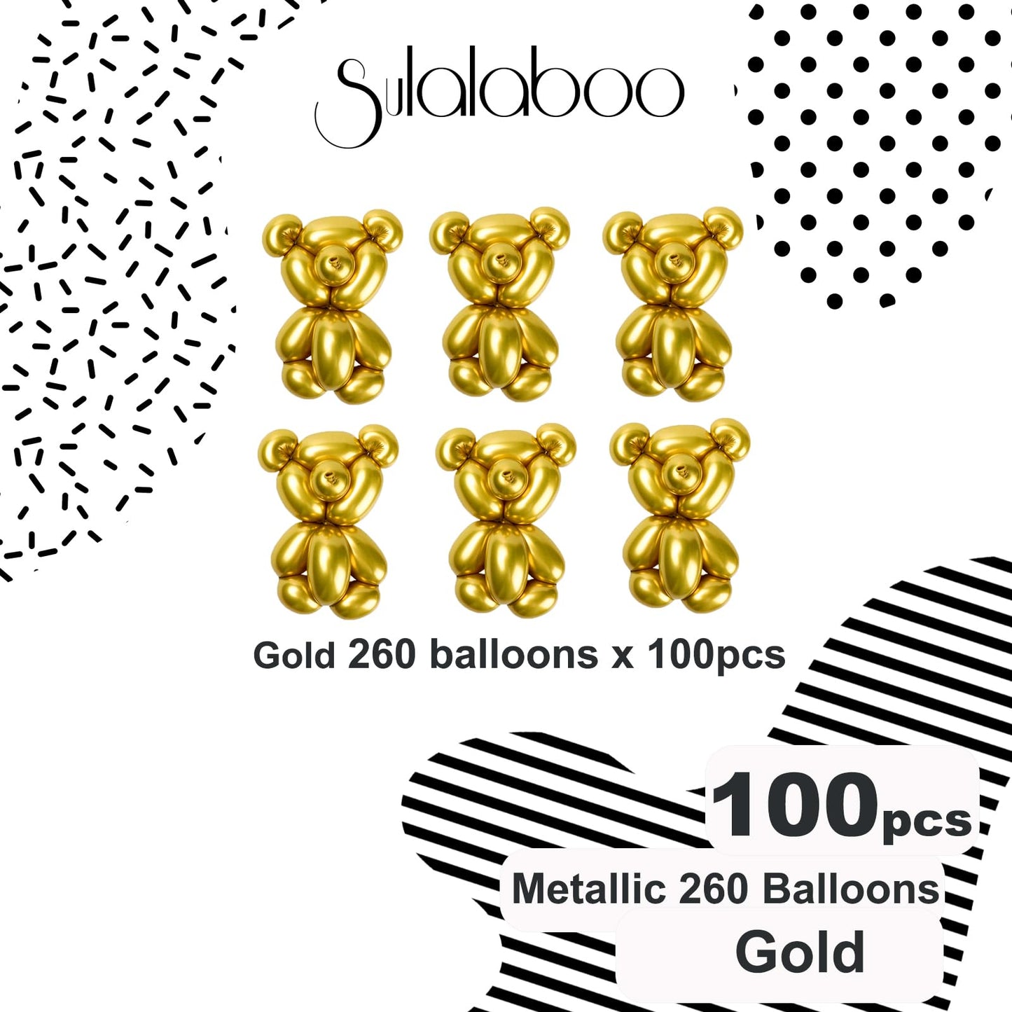 SULALABOO 260 Balloons Gold Metallic 100PCS Latex Long Shiny Balloon to Twisting Flowers Animals for Birthday Party Anniversary Wedding or Other Party Events and Festivals DIY