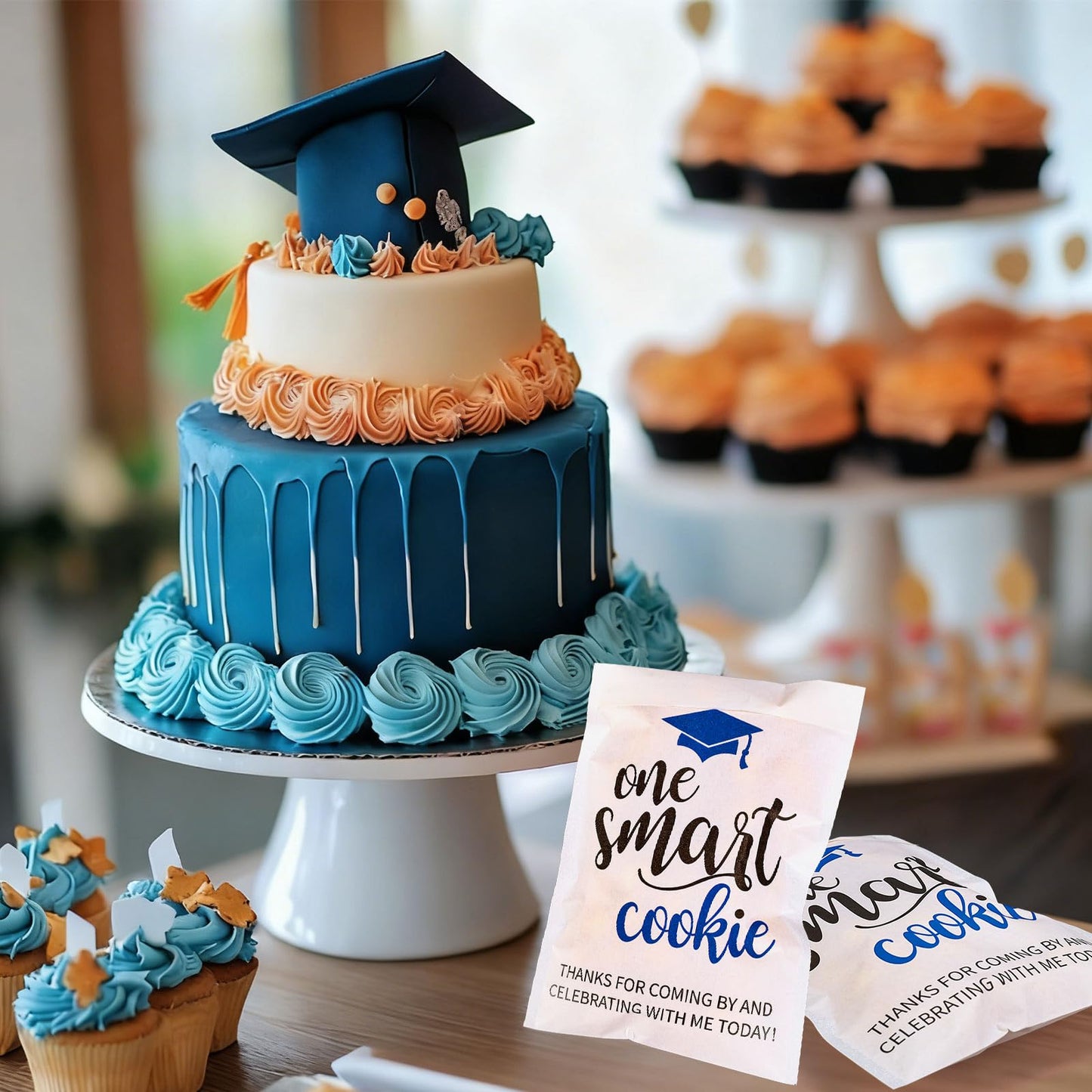 Whaline 100 Pcs 2026 Graduation Cookie Treat Bags White-Blue One Smart Cookie Self Adhesive Buffet Paper Bags for Congrats Grad School Party Supplies, 5.1 x 7.1 Inch