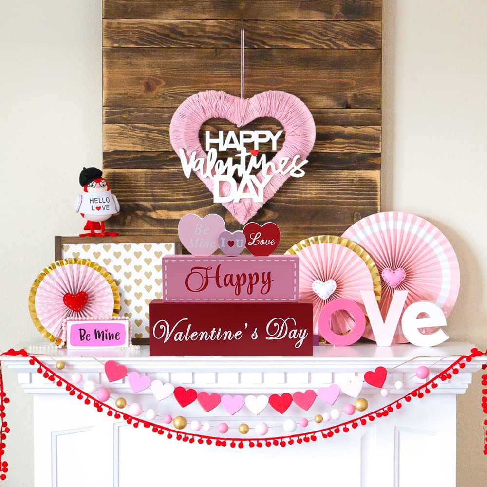 Valentines Day Decor, 3-Layered Pink Red Heart Wood Block Set Valentines Day Decoration, Happy Valentine's Day Sign Valentines Day Decorations for The Home, Living Room, Mantle, Dining Table