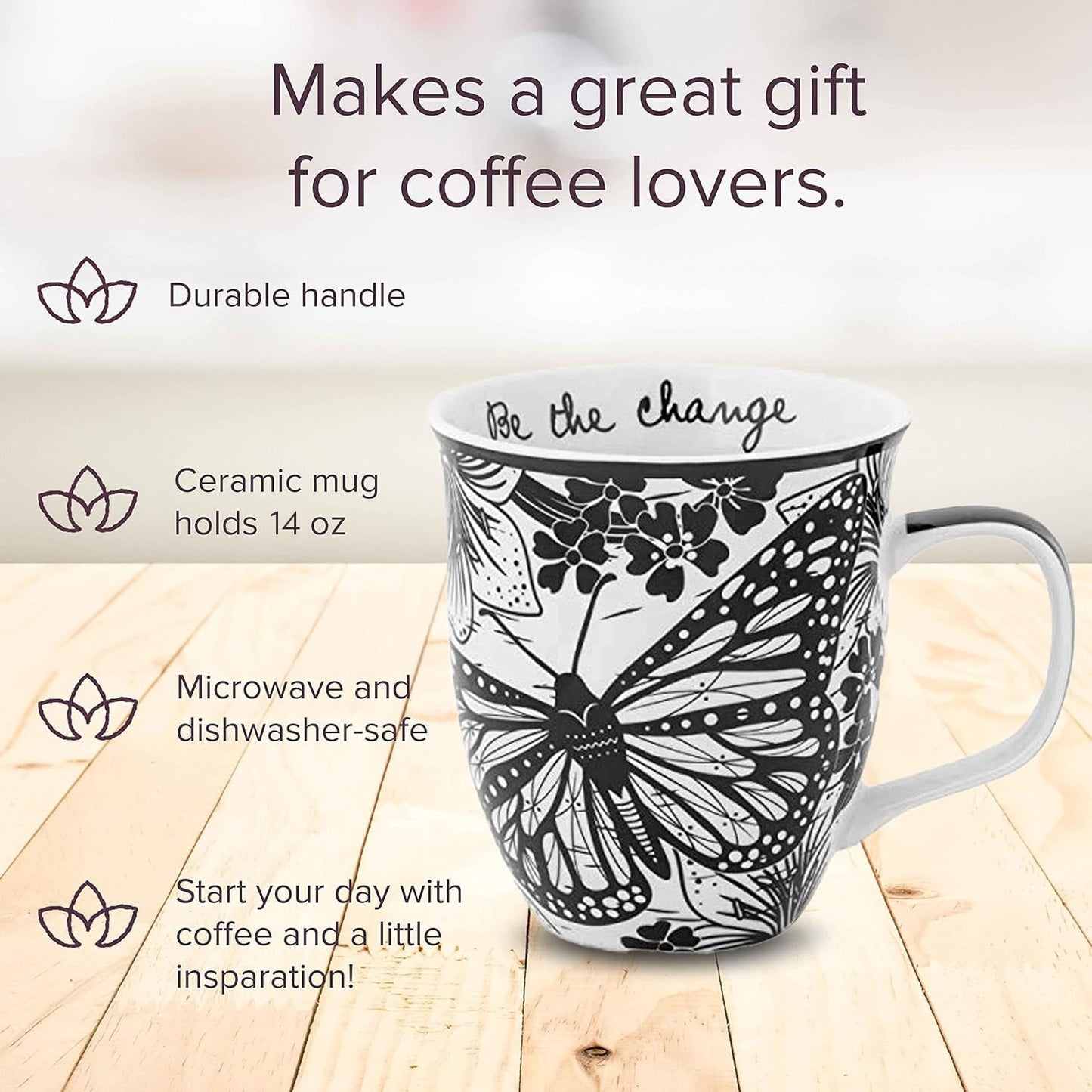 14 oz Black and White Boho Mug Butterfly - Cute Coffee and Tea Mug - Ceramic Coffee Mugs for Women and Men