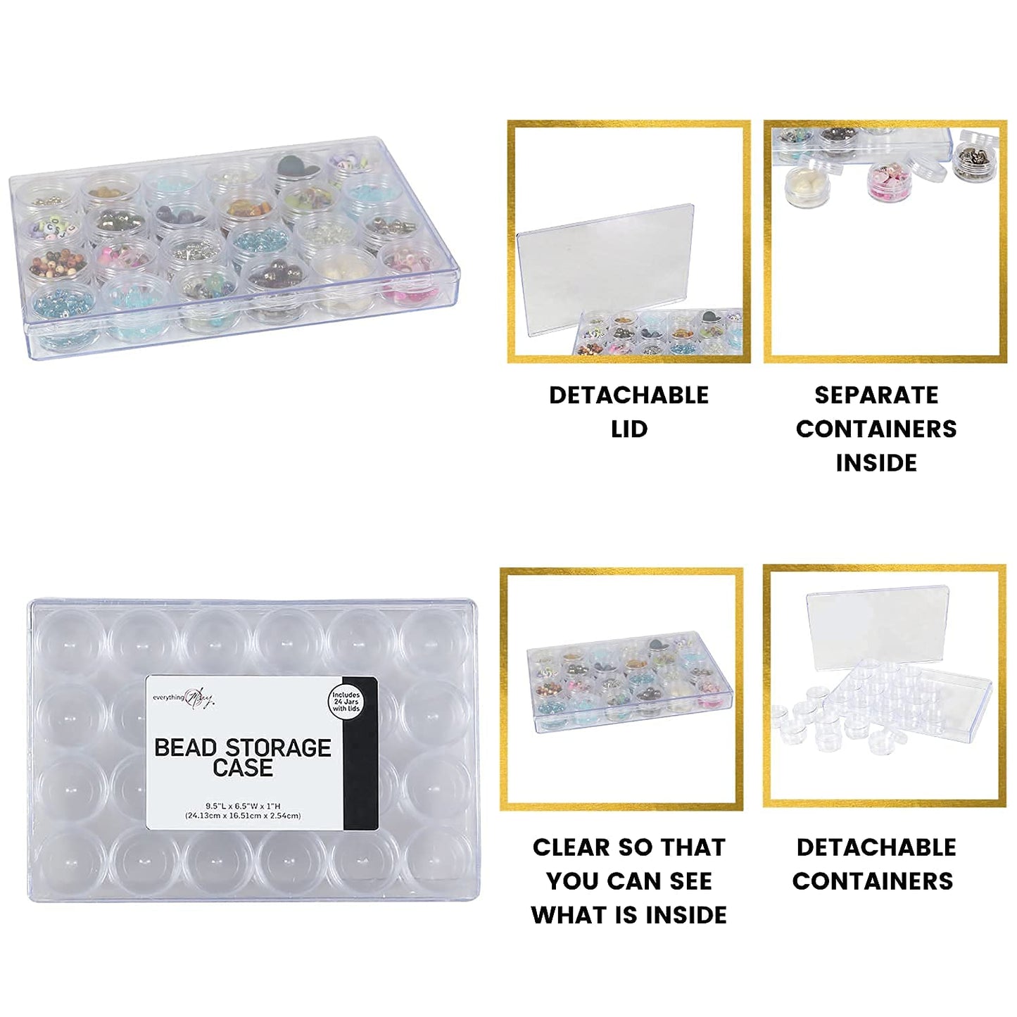 Everything Mary Large Plastic Bead Storage Organizer Box, 24 Jars - Container for Beads & Supplies - Organizers for Craft, Art, & Painting - Plastic Container Case For Organization