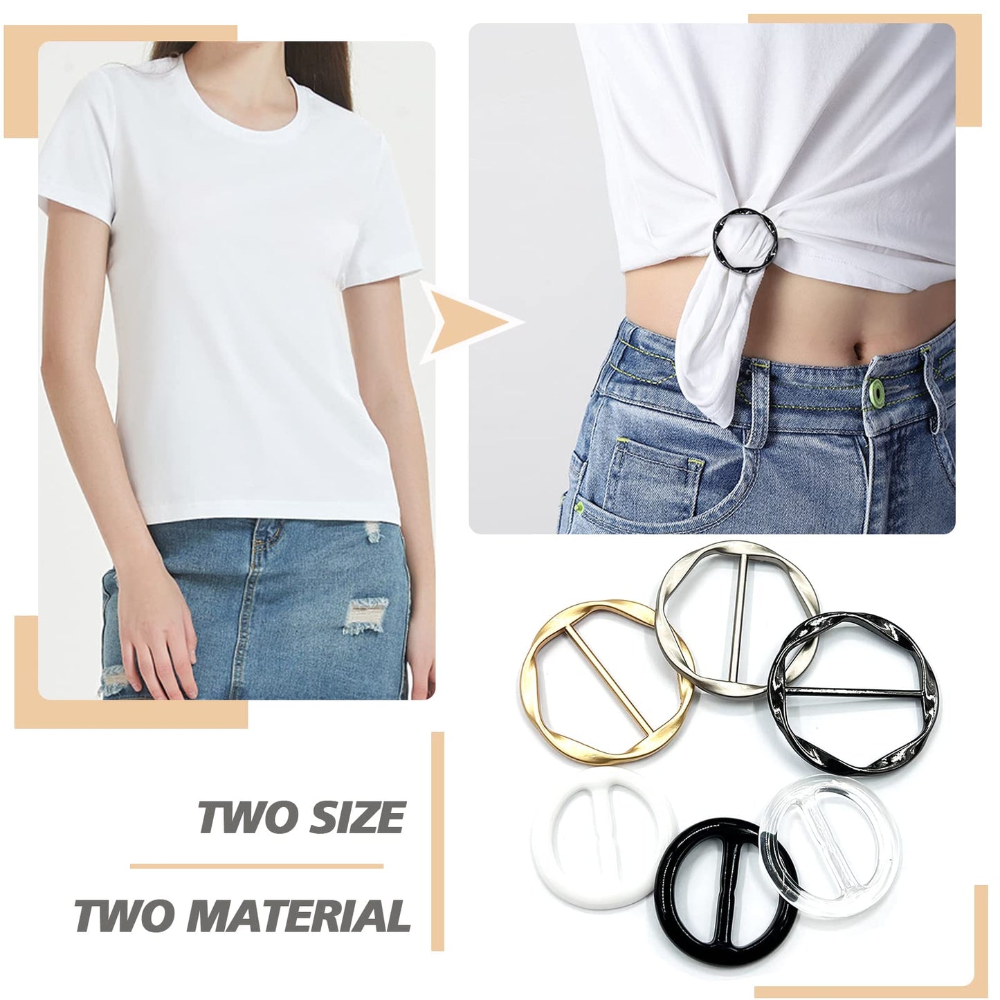 6 PCS Shirt Ties Clips for Women to Tighten Clothing, Scarf Ring and Slides, T-Shirt Waist Tightener Cincher Knot Clip Rings for Large Long Tee Shirt Tie Up, Circle Belt Buckle