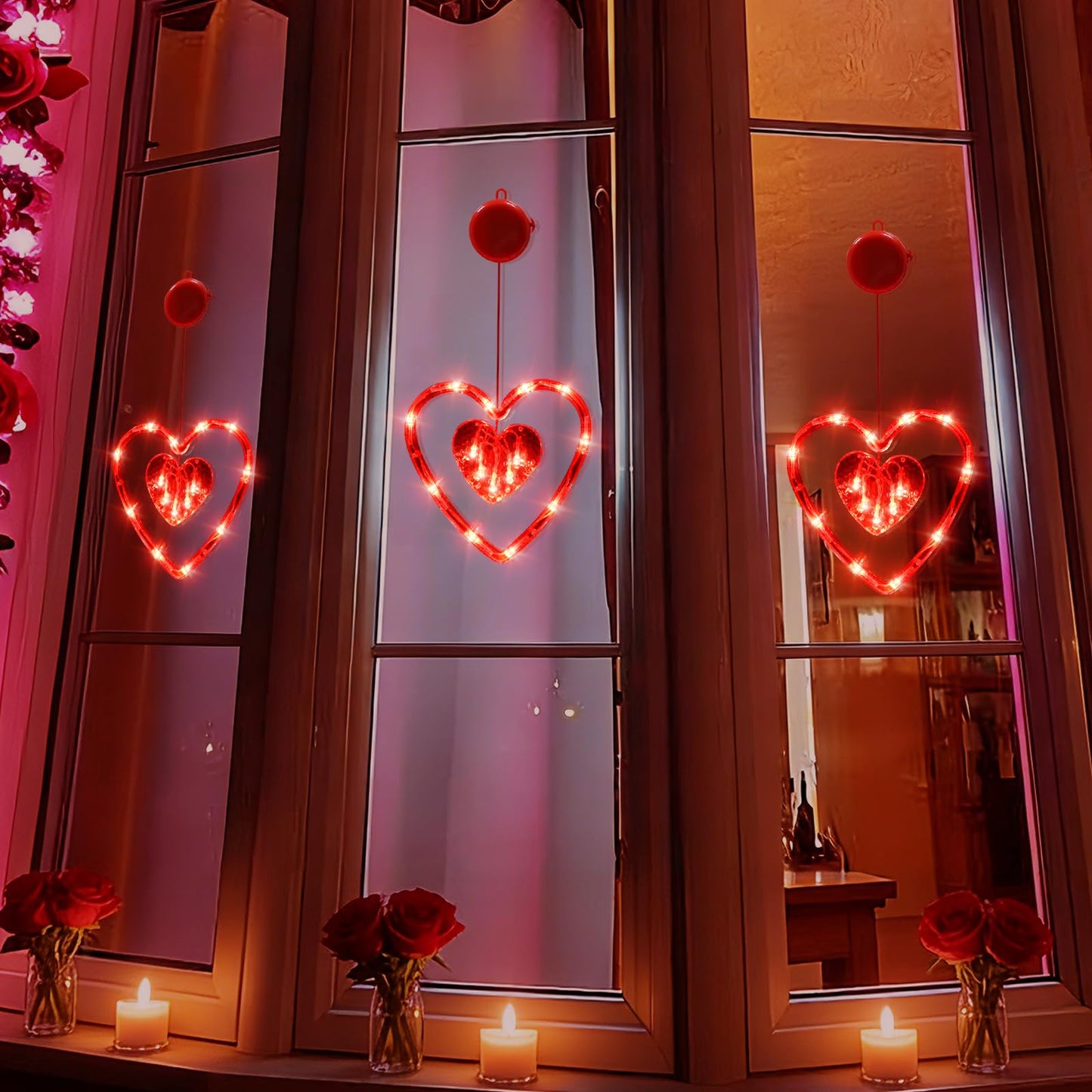 3 Pack Valentines Day Window Lights Decor with Timer, Battery Operated Red Heart-Shaped Window Decorations Silhouette Sucker LED Lamp Slow Fade Mode Hanging Lights for 2026 Holiday Indoor Home