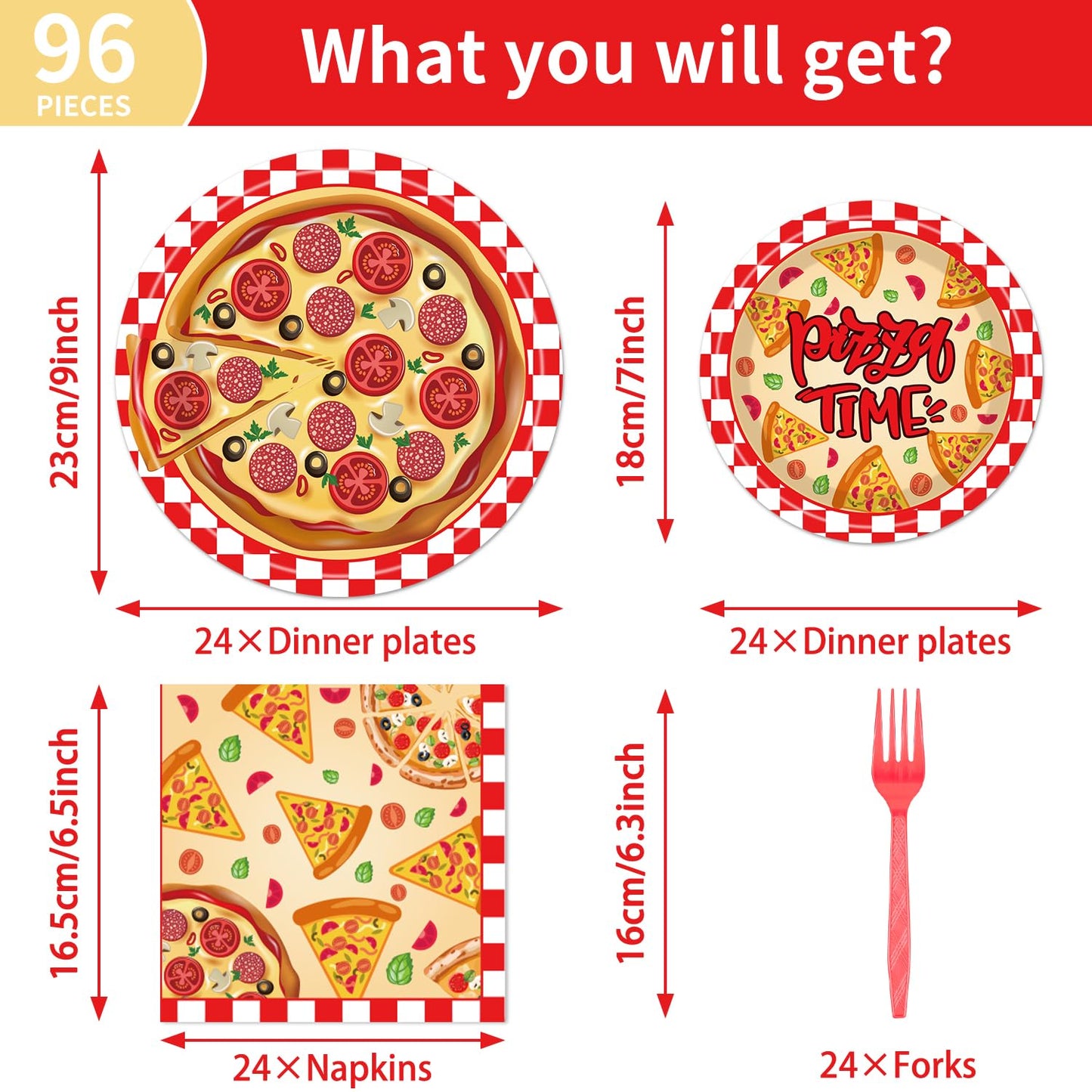 EngoEagle Pizza Plates and Napkins Party Supplies - 96PCS Pizza Birthday Party Decorations Pizza Time Pizza Themed Disposable Tableware Set Serves 24 Guests