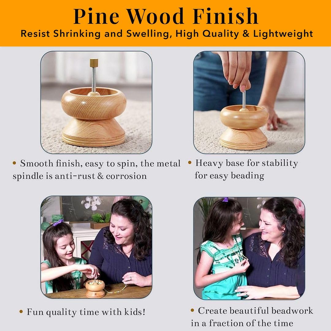 Seed Bead Spinner for Jewelry Making Kit - Clay Bead Spinner with Big Eye Beading Needle & 3 Meter Wire - Necklace Bracelet Maker Wooden - Birthday Anniversary Decorations Christmas Gifts - Pinewood