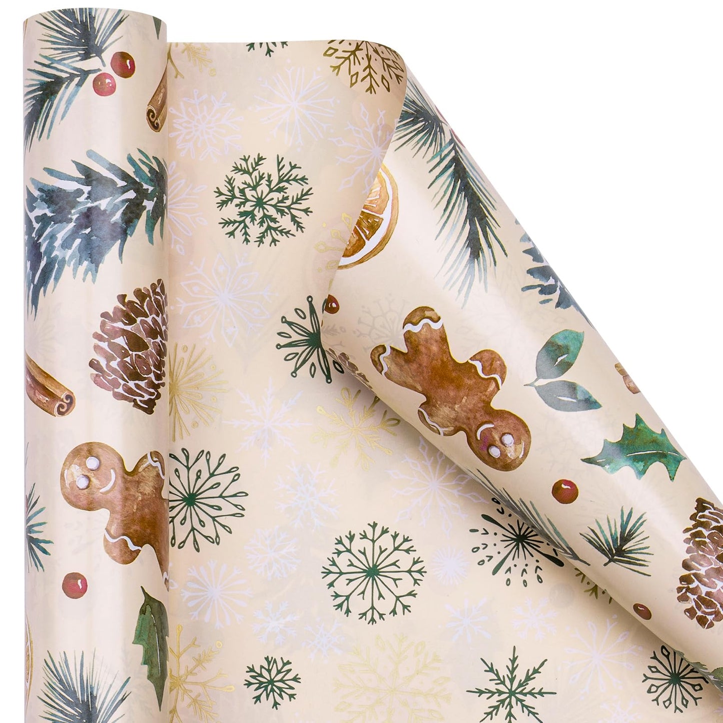 RUSPEPA Reversible Wrapping Paper Roll - Mini Roll - Christmas Gingerbread and Snowflake Pattern Great for Christmas, Party, Holiday - 17.5 Inches X 32.8 Feet