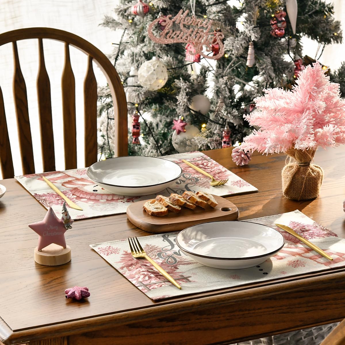 Xmas Trees Let It Snow Pink Snowman Christmas Placemats Set of 4, 12x18 Inch Winter Table Mats for Party Kitchen Dining Decoration