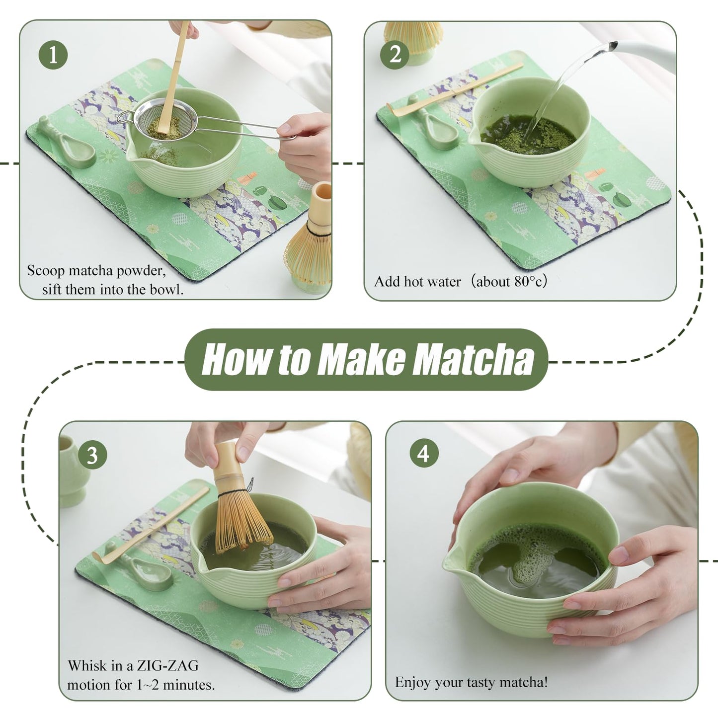 Matcha Whisk Set, Ceramic Matcha Set, Matcha Bowl with Spout and Whisk, 9 pcs Matcha Tea Kit for Matcha Lovers, Ideal Gift Christmas, Birthday (Green)