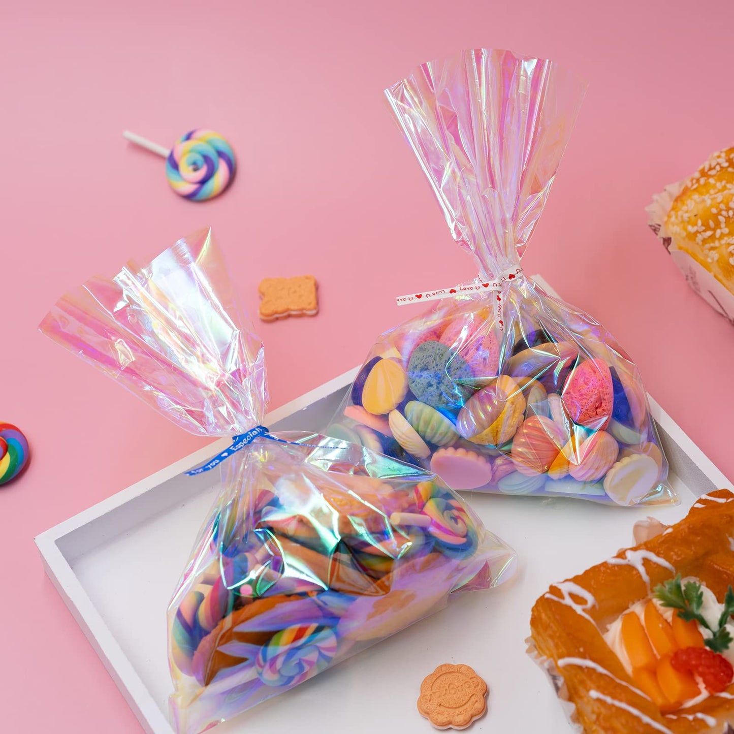 Ctoiotc Easter Cellophane Treat Bags,5x7 Inch Iridescent Holographic Candy Goodie Bags with 5 Colors Pieces Twist Ties for Birthday Party Favors, Easter, Weddings, Christmas, Valentines