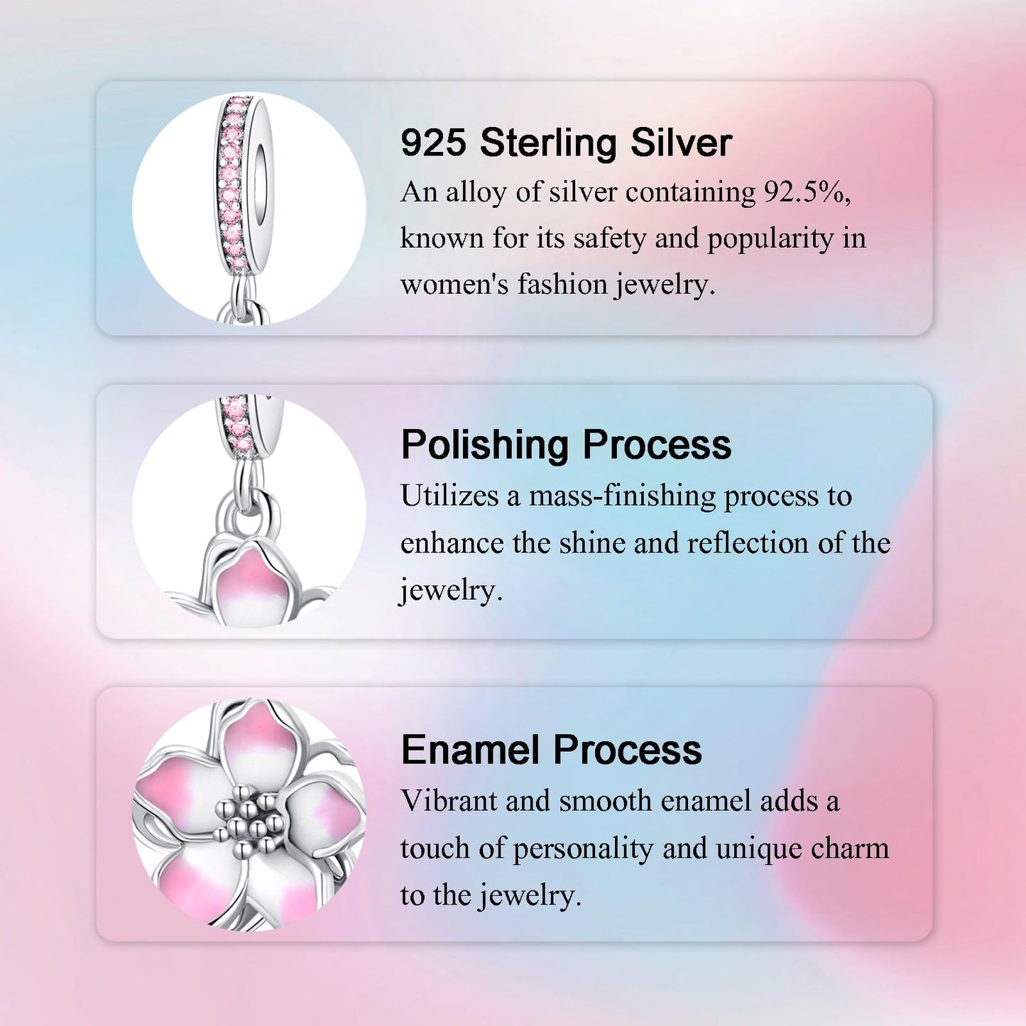 Alstade Pink Cherry Blossom Charm 925 Sterling Silver Charms fits Bracelets and Necklace Pendant Bead Charms Jewelry Present for Women Family Friends