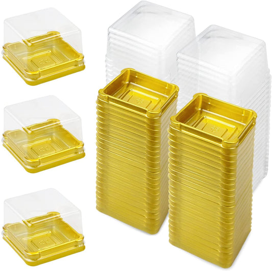 Pralb 100 Set 2.24"L x 2.24"W x 1.57"H Clear Plastic Mini Cupcake Boxes Muffin Pod Dome Muffin Single Container Box Wedding Birthday Gifts Supplies for Cheese Pastry Dessert Mooncake (square, gold)