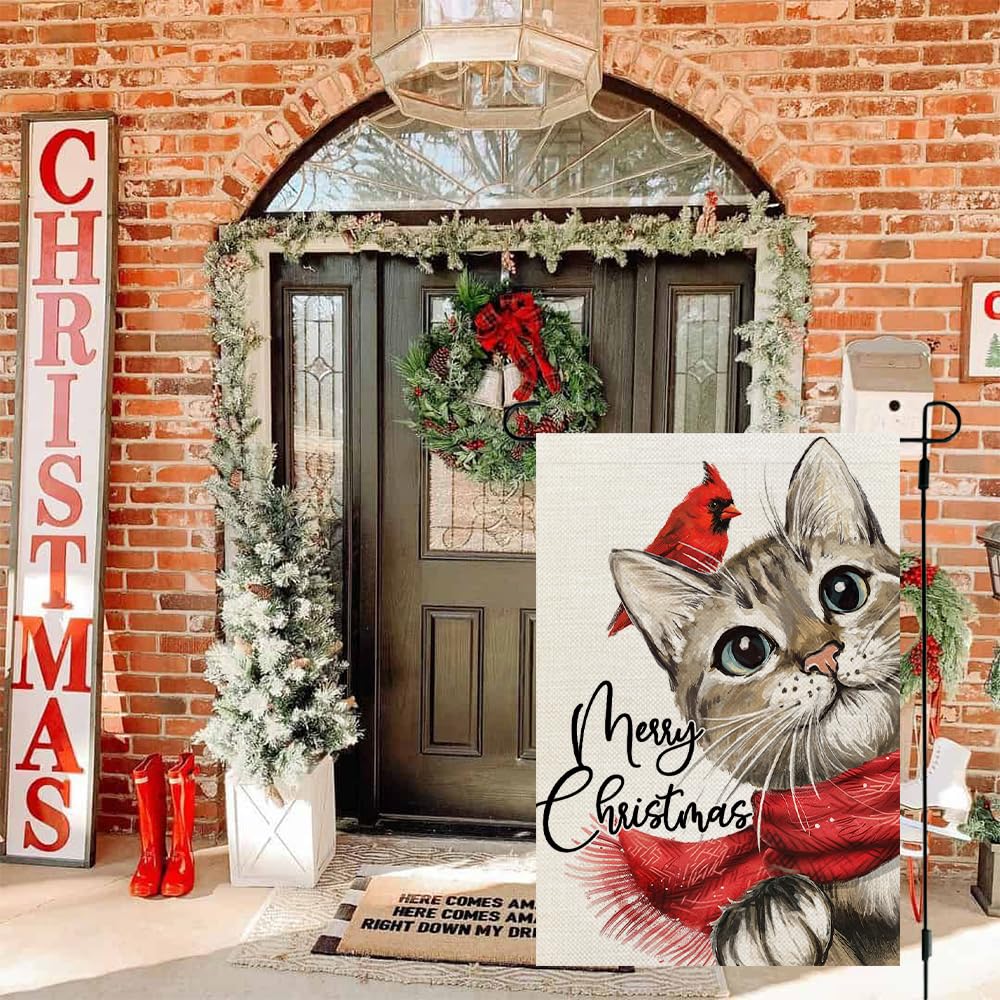 Merry Christmas Cat Garden Flag 12x18 Inch Double Sided Small Burlap Holiday Cardinal Yard Decoration for Outside