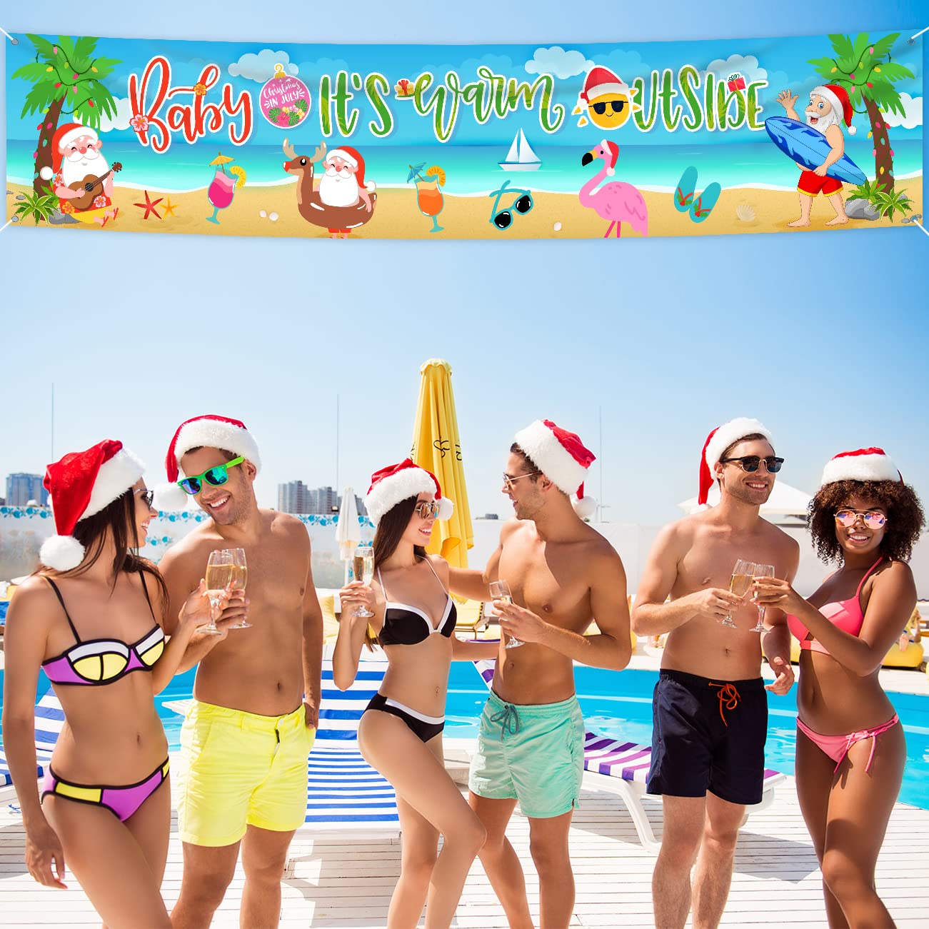 Christmas In July Decorations Baby It’s Warm Outside Banner Summer Christmas Yard Sign with Santa Claus, Beach and Flamingos for Hawaii Christmas Theme Supplies Indoor Outdoor Decorations