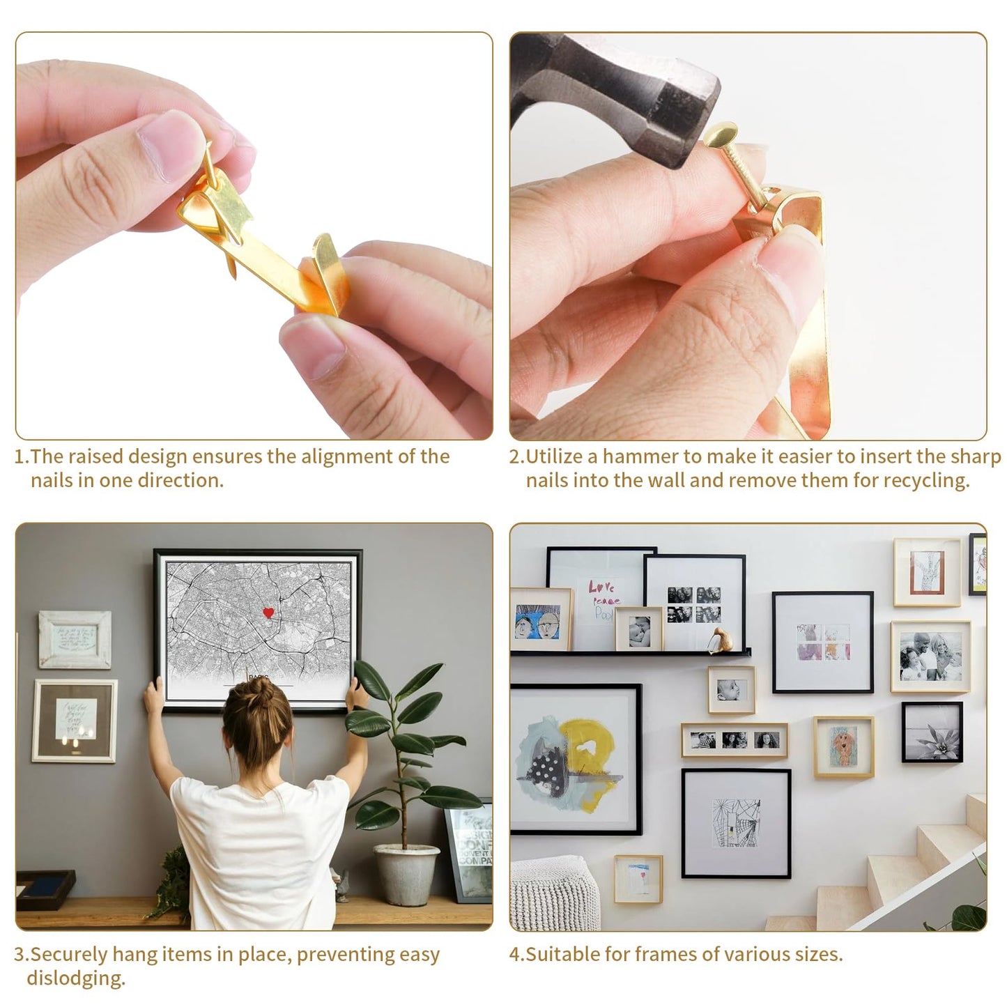 202 PCS Frame Hanger Kit, 10lb, 20lb, 30lb, 50lb&100lb Picture Hanging Hardware Kit, Picture Hanging Tool, Pcture Hangers,Picture Frame Hanging Kit, Picture Hooks for Pictures, Canvas, Mirror (Gold1)