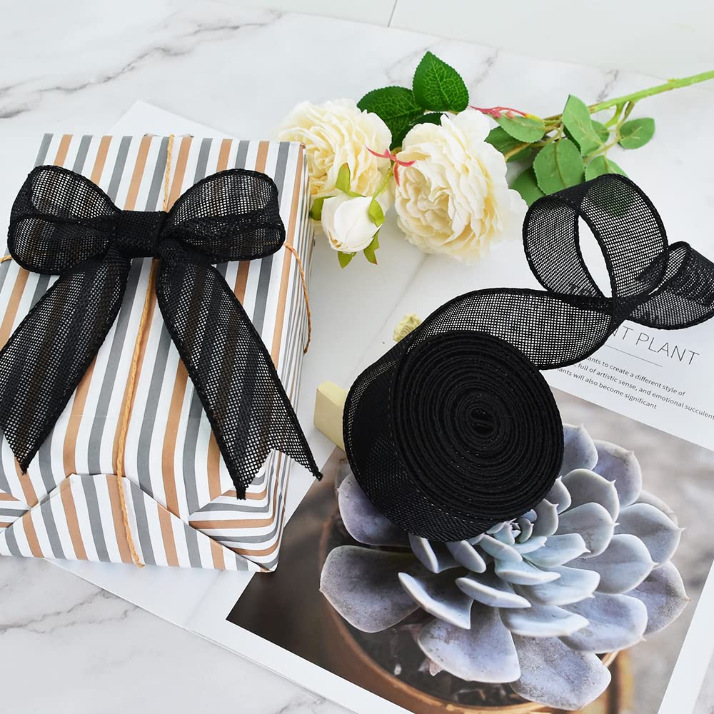TONIFUL Burlap Black Wired Ribbon, 1 1/2 inch 10 Yard Jute Ribbon for Decoration Bows Tree Toppers Ribbons Craft Gift Wrapping Wreath Sewing, for Christmas Wreath Decor