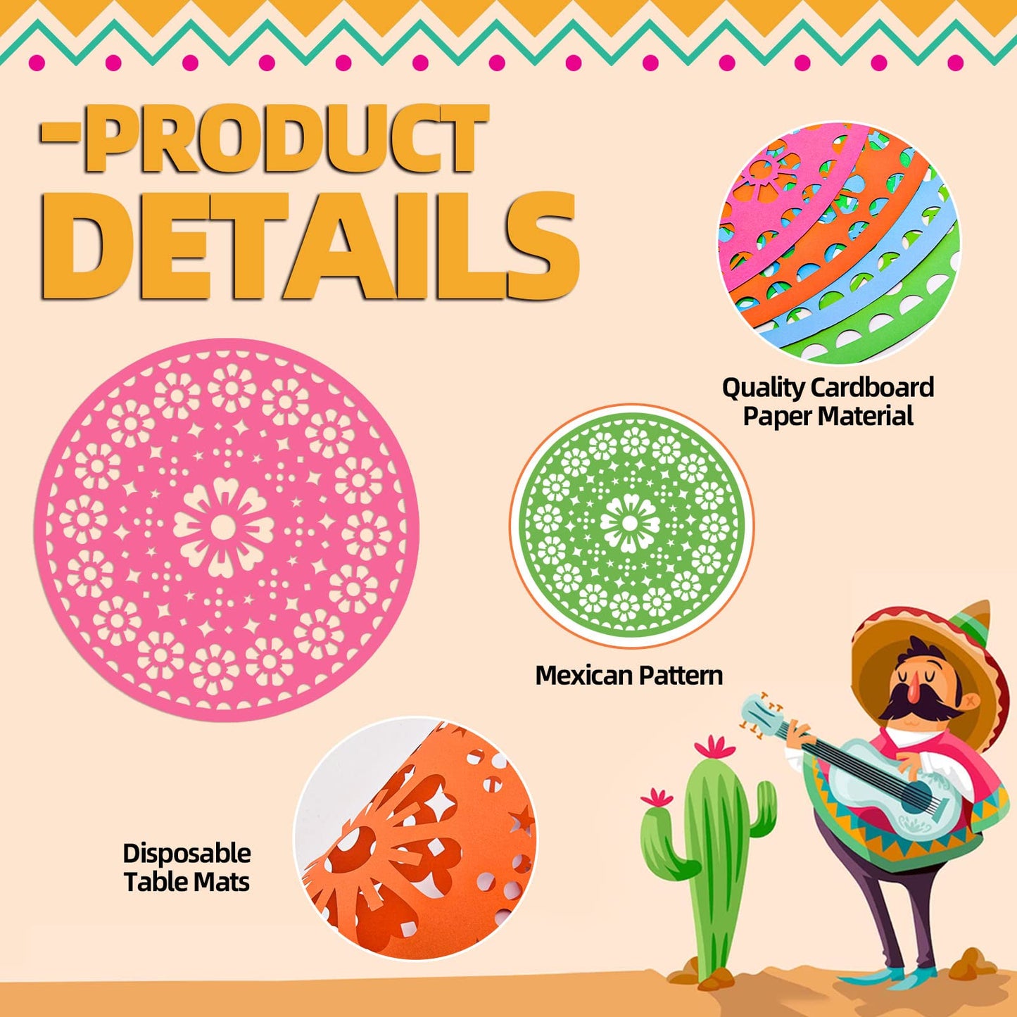 32 Pieces Fiesta Paper Place Mats 14" Mexican Papel Picado Cinco De Mayo Disposable Placemat Round Paper Doilies Cutouts for Mexican Party Supplies Tableware Decoration