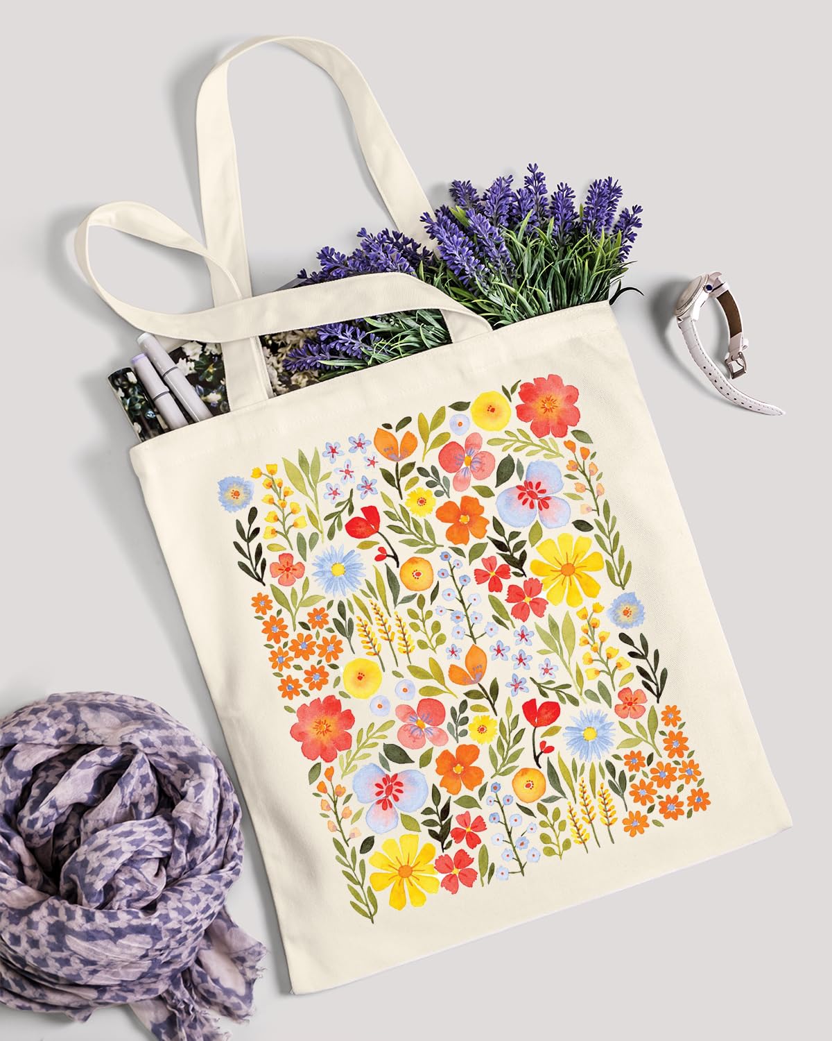 AUSVKAI Canvas Tote Bag Aesthetic for Women, Cute Yellow Wild Flower Reusable Cloth Cotton Bags for Shopping Beach Gifts