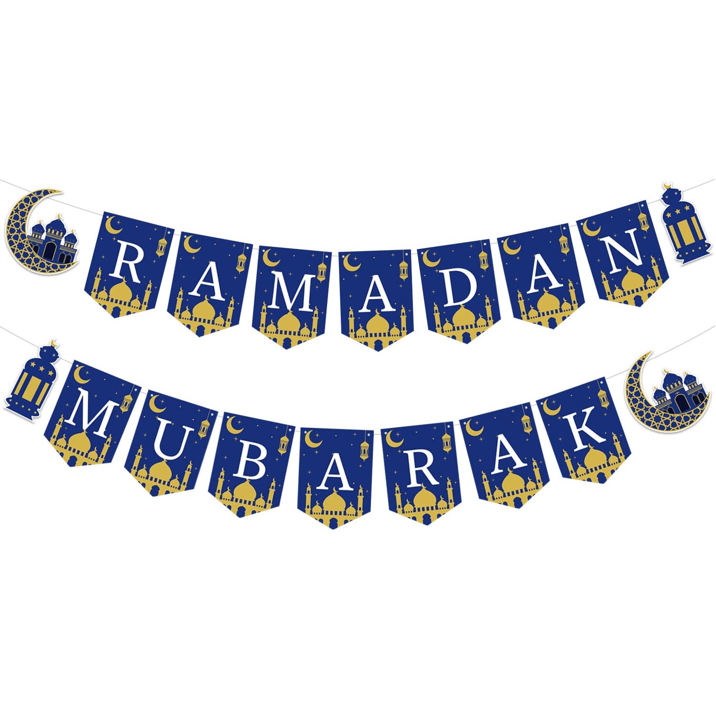 Ramadan Mubarak Banner Muslim Ramadan Mubarak Bunting Banner Garland with Lantern Moon Castle Sign Eid Mubarak Festival Celebration Party Decorations for Mantle Fireplace Wall Party Supplies