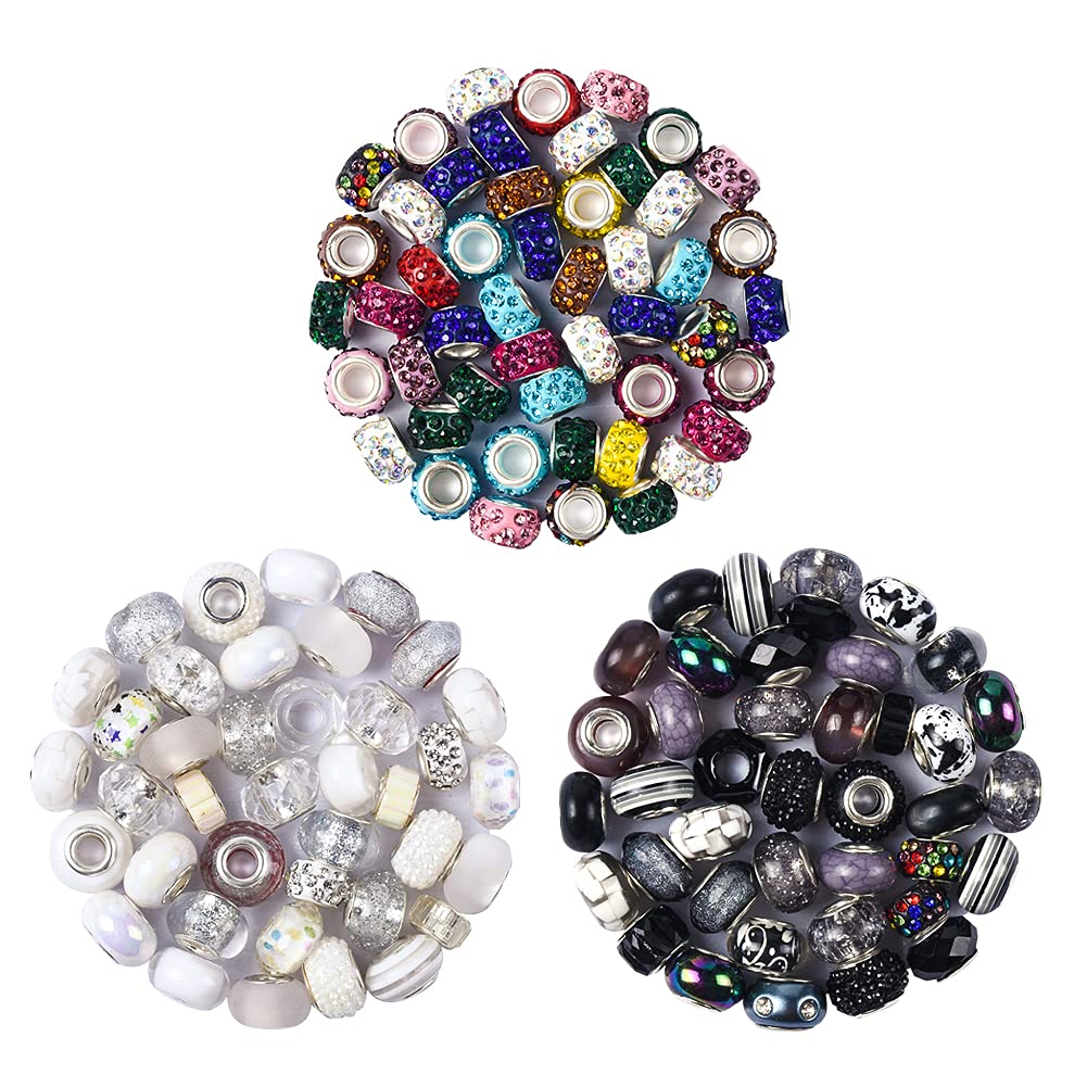 Aipridy Assortment European Large Hole Beads Spacer Beads Rhinestone Craft Beads for DIY Charms Bracelet Jewelry Making (Black-White)