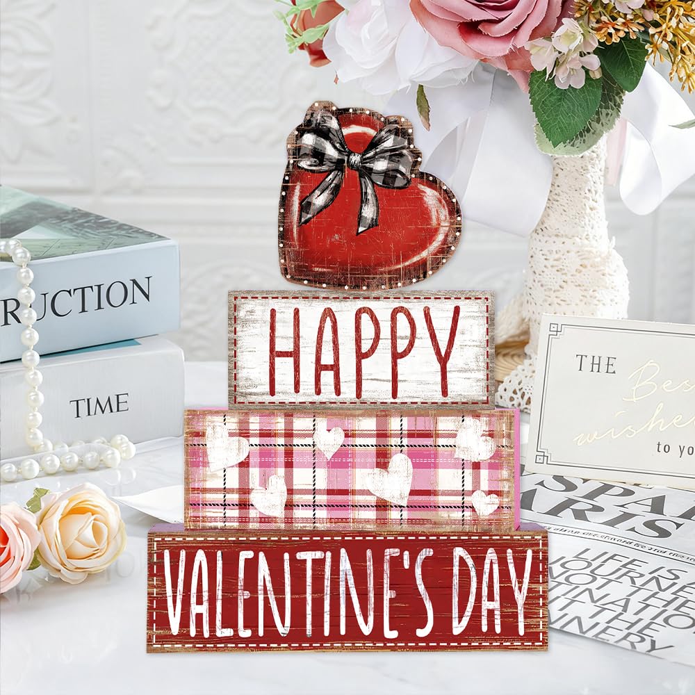 4Pcs Valentine's Day Table Decoration Valentine Heart Wooden Block Signs Rustic Valentines Tiered Tray Decor Happy Valentine's Day Centerpiece Sign for Farmhouse Holiday Tabletop Party Decor