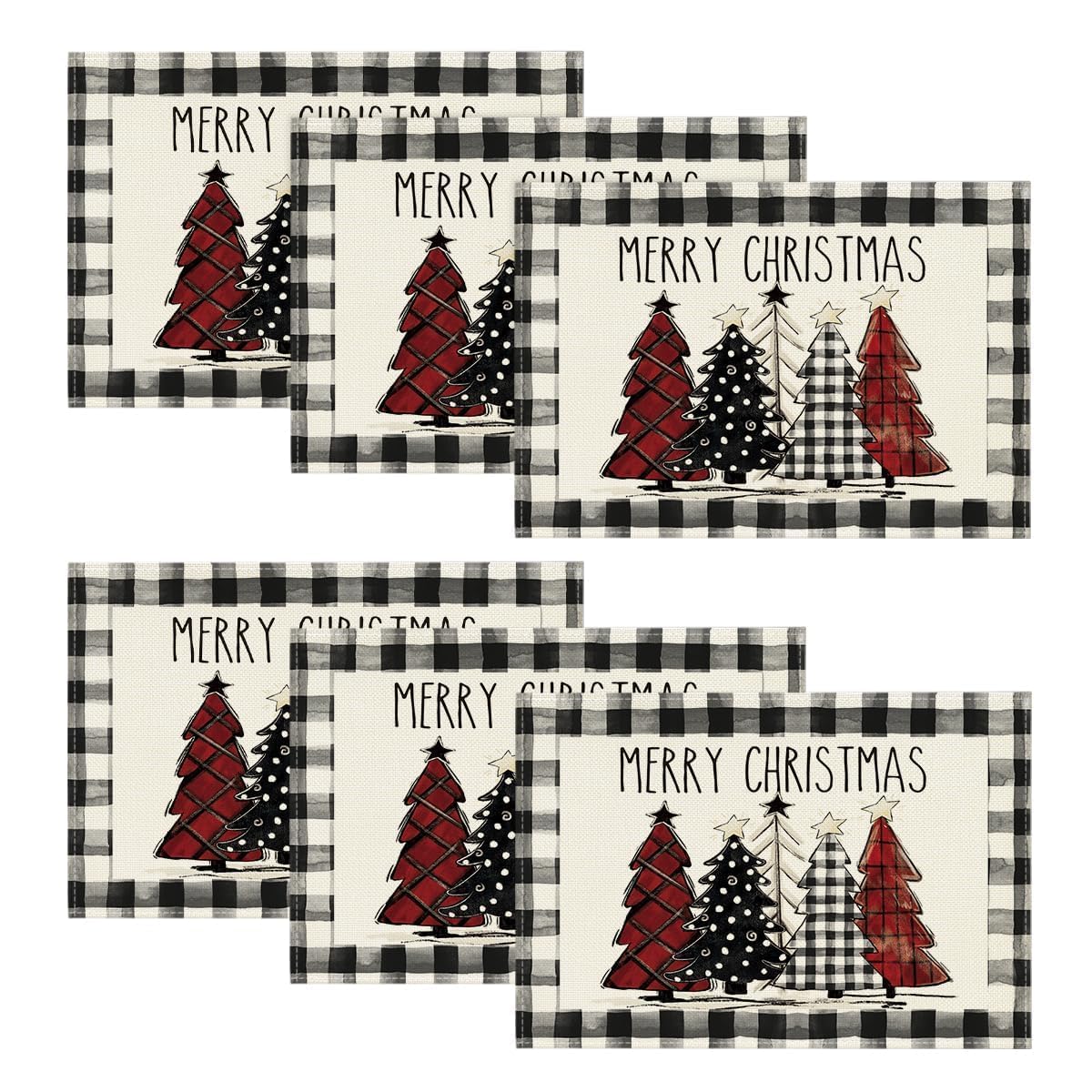 Artoid Mode Waterclor Buffalo Plaid Christmas Trees Placemats Set of 6, 12x18 Inch Winter Table Mats for Outdoor Home Party Kitchen Dining Decor