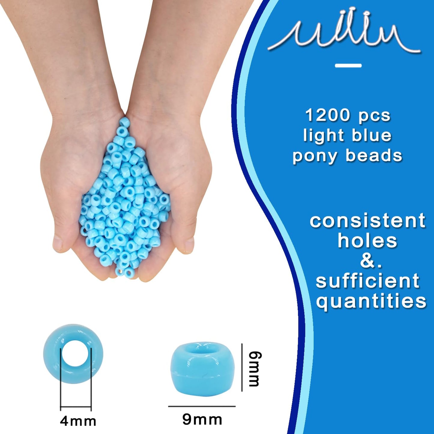 MIIIM 1200PCS 6x9mm Pony Beads Bulk, Light Blue Kandi Beads for Bracelets Making Kit, Hair Braids Crafts for Jewelry Making (Light Blue)