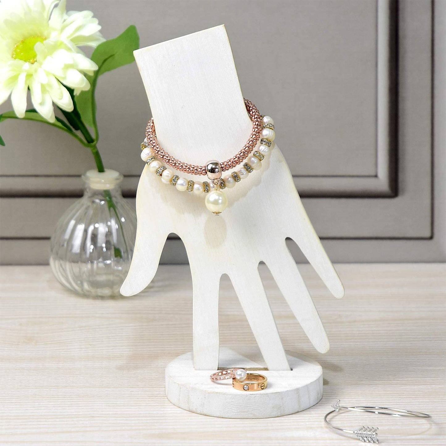MOOCA 6 Pcs Real Wooden Hand Form Jewelry Display Set, 2 Way Design for Wall Hanging or Standalone Mannequin Finger Hand Display, Premium Real Wood Sturdy Base, Wash White Color
