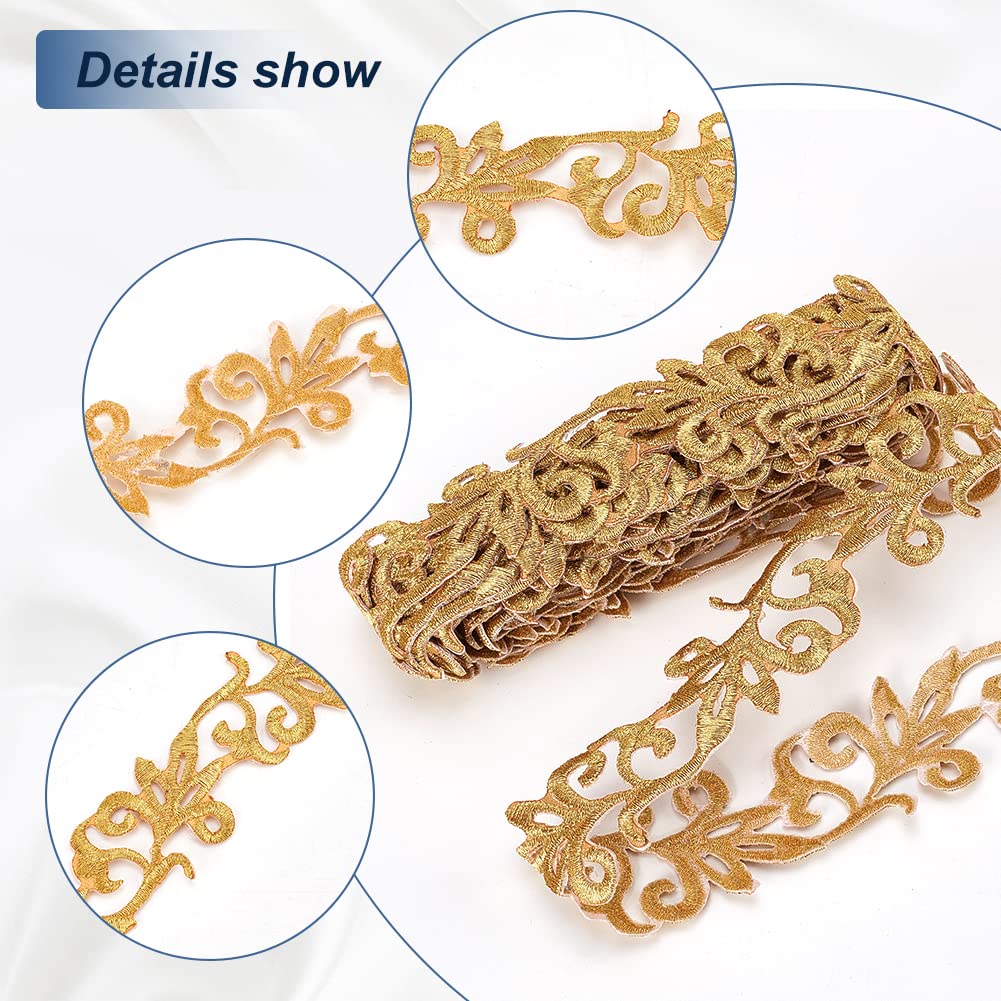 4.37 Yards Gold Embroidery Polyester Ribbons, 1.3 Inch Wide Adhesive Goldenrod Lace Trim Iron on Metallic Flower Lace for Sewing Costumes Gowns Home Decor Garment Accessories