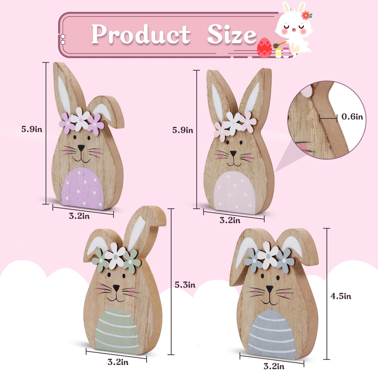 4 Pack Wooden Easter Bunny Table Decorations Easter Peeps Decor Spring Wood Bunnies Rabbit Ornament Farmhouse Tabletop Decor for Party Tiered Tray Mantle Desk Office Home Party Patio Yard Decor