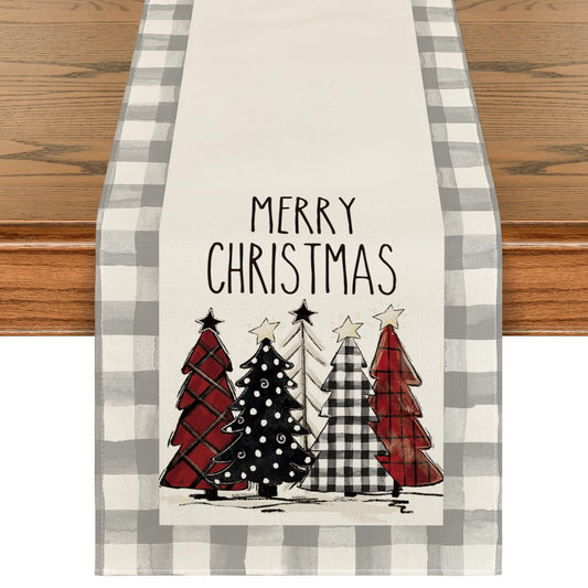 Waterclor Grey Buffalo Plaid Christmas Trees Merry Xmas Table Runner, Seasonal Winter Holiday Kitchen Dining Table Decoration for Indoor Outdoor Home Party Decor 13 x 72 Inch