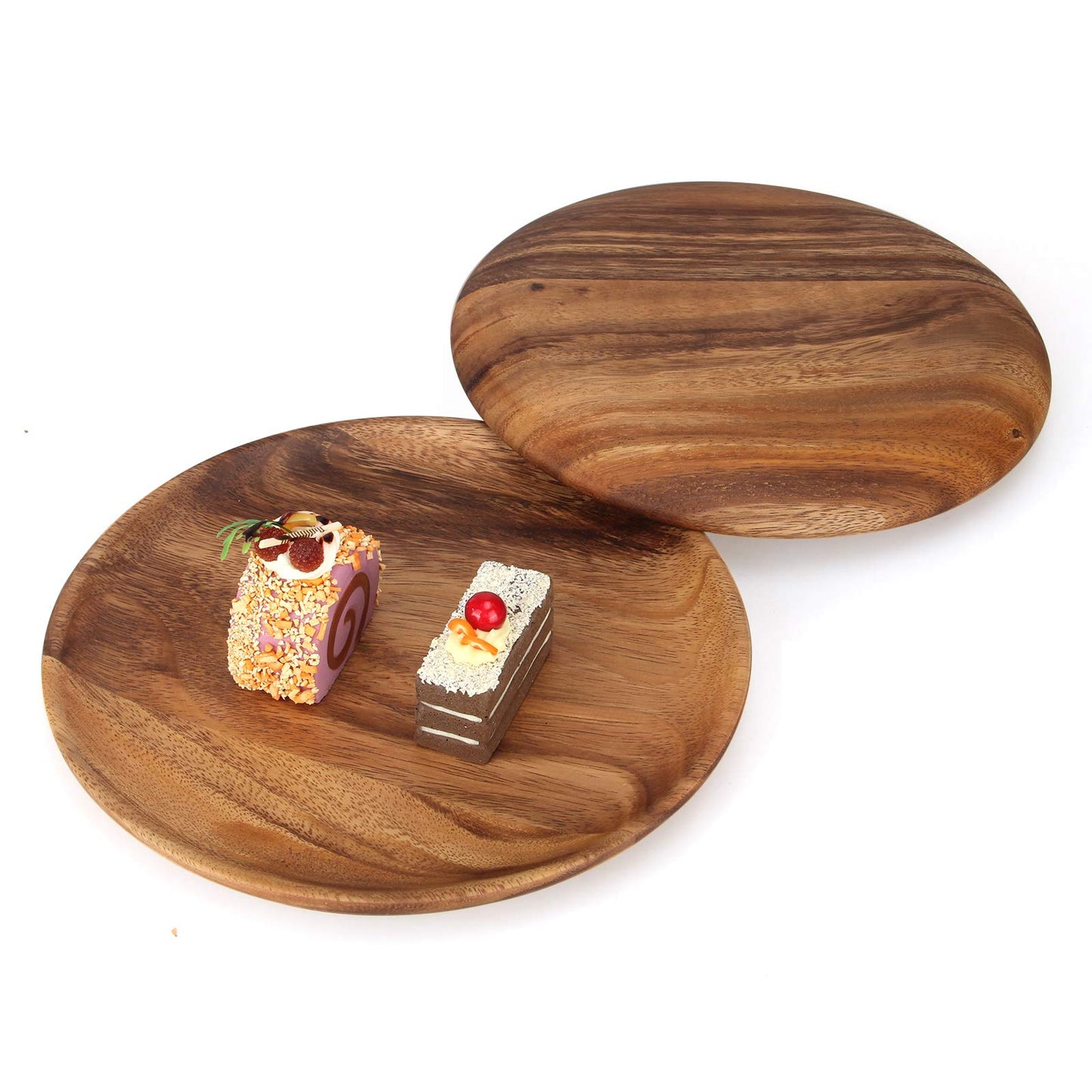 2 Pcs 10 Inch Acacia Wood Dinner Plates Set for Eating Wooden Round Charcuterie Boards Kitchen Serving Platters for Food Dishes Cheese Tray Dessert Salad Plate Wood Charger Plates Decorative Trays
