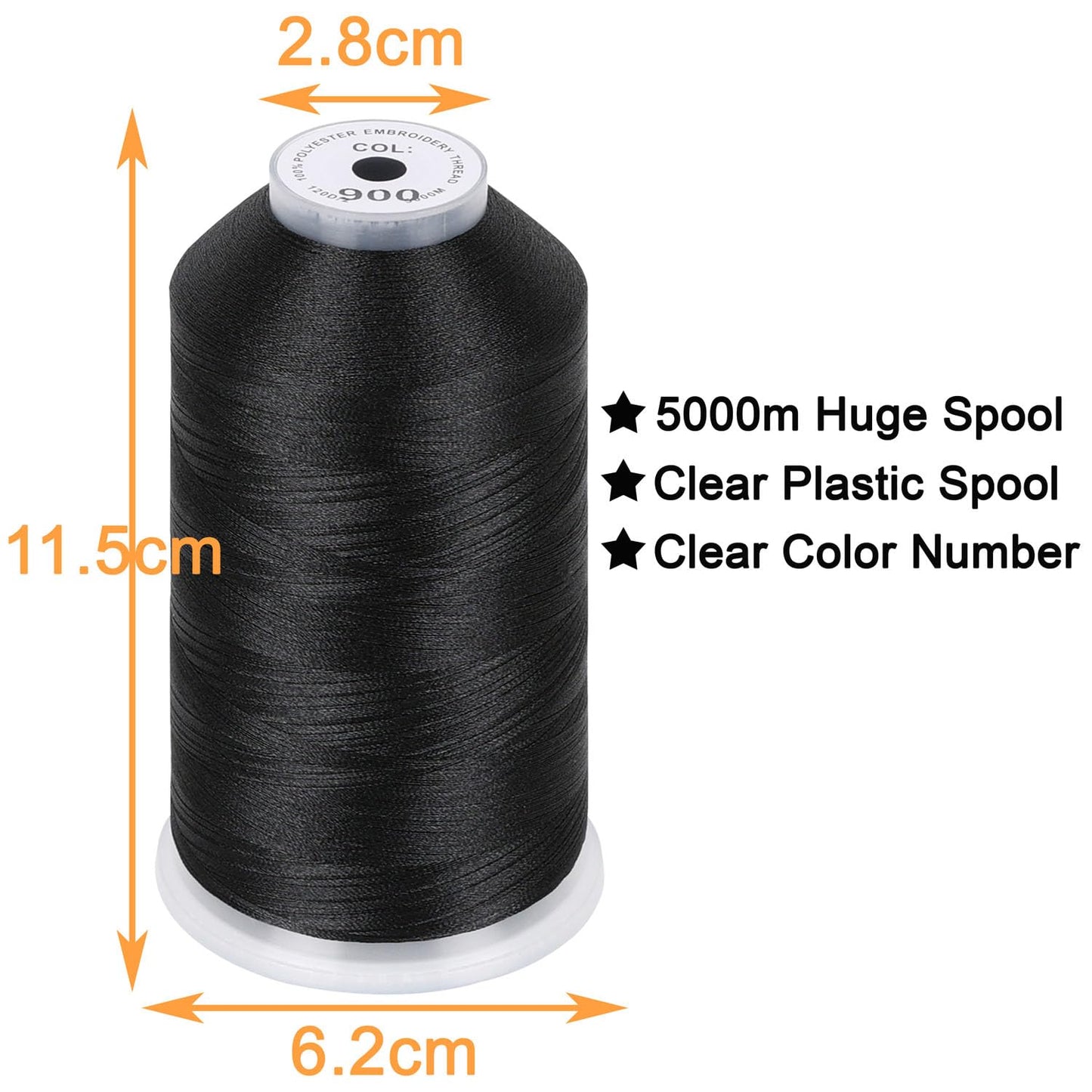 Single Huge Spool 5000M Each Polyester Embroidery Machine Thread 40WT for Commercial and Domestic Machines - Black
