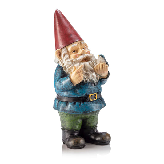 12"H Outdoor Garden Gnome Yard Statue with Bird Accent — Whimsical Hand-Painted Décor for Lawn, Patio & Flower Beds — Multicolor Finish
