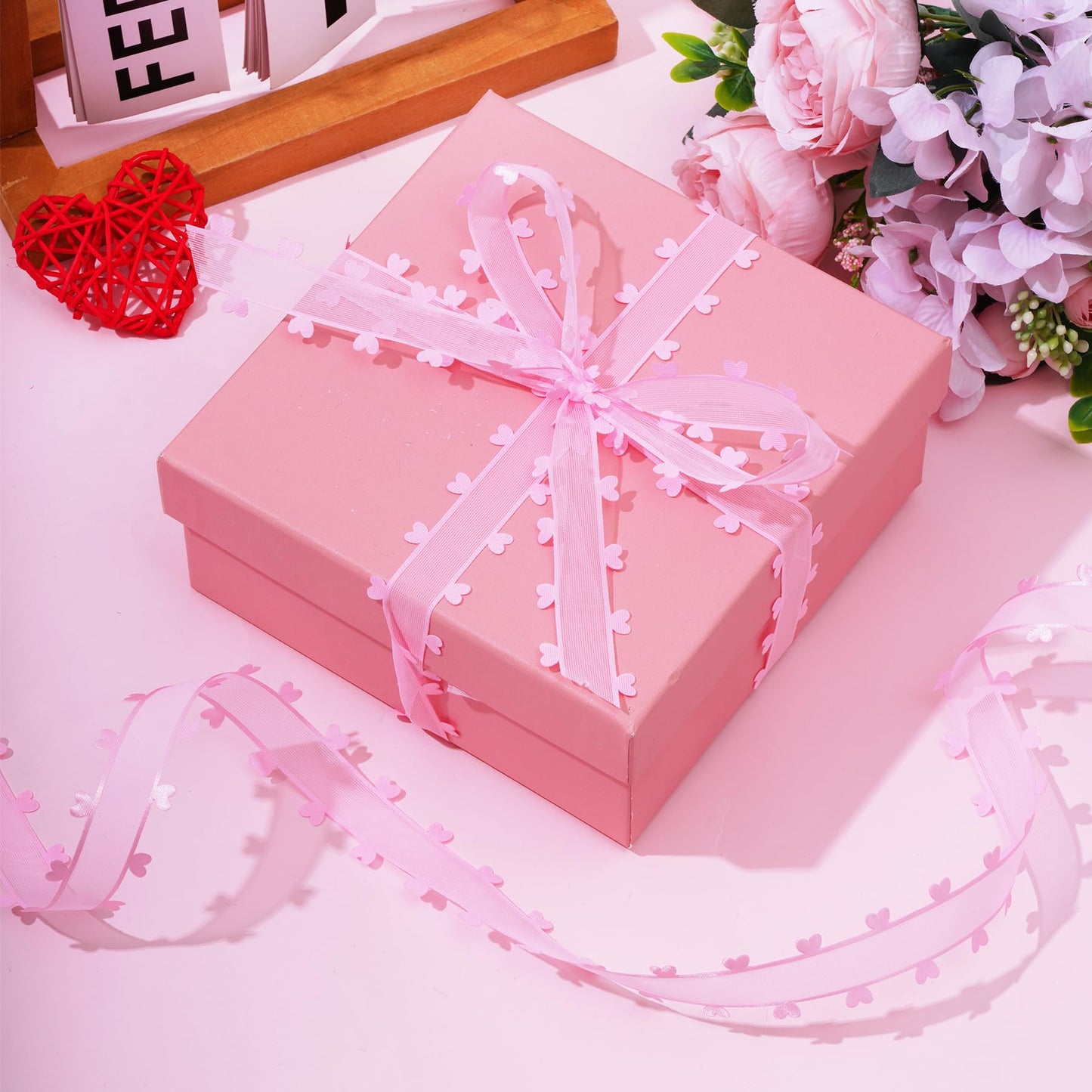 Red Pink Heart Ribbon Valentine Chiffon Organza Ribbon for Mother's Day Wedding Gift Wrapping Party Decoration Hair Bows Making Craft Sewing 40Yard